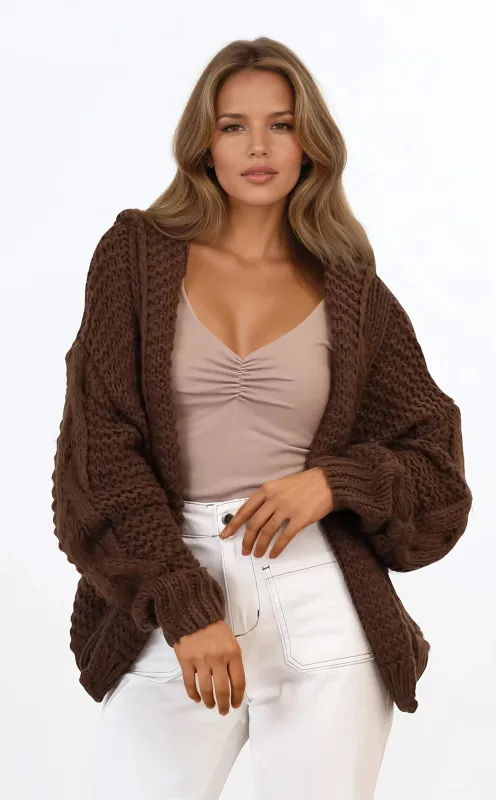 Maple Knit - Chunky Cable Knit Hooded Crop Cardigan in Brown sold by Salty Crush