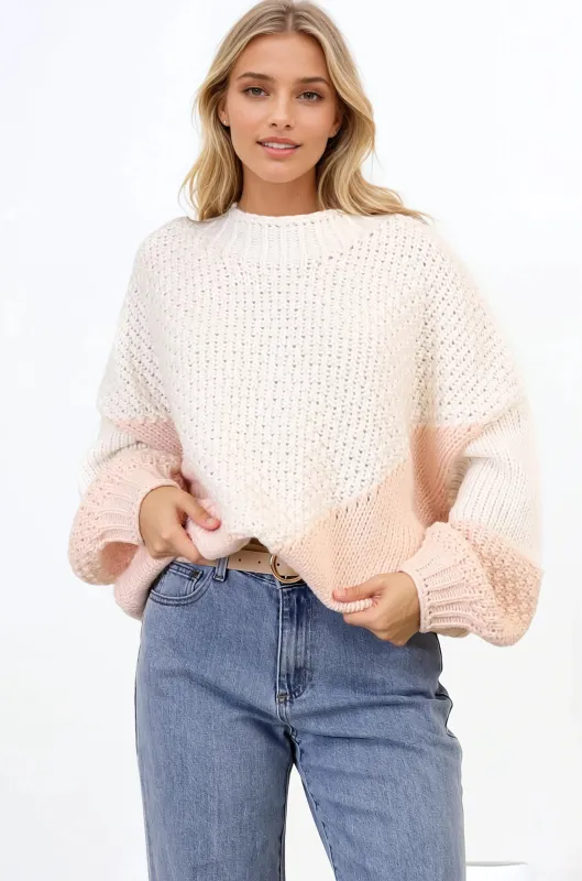 Morgan Jumper - Chunky High Neck Color Block Knit Jumper in Cream Splice sold by Salty Crush