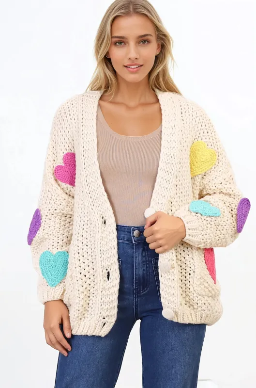 Emma Cardigan - V-Neck Hearts Buttoned Down Cardigan in Cream sold by Salty Crush