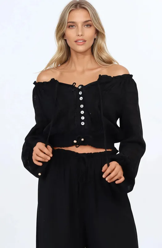 Marlon Top - On or Off Shoulder Pin Tuck Detail Long Balloon Sleeve Crop in Black made by Salty Crush