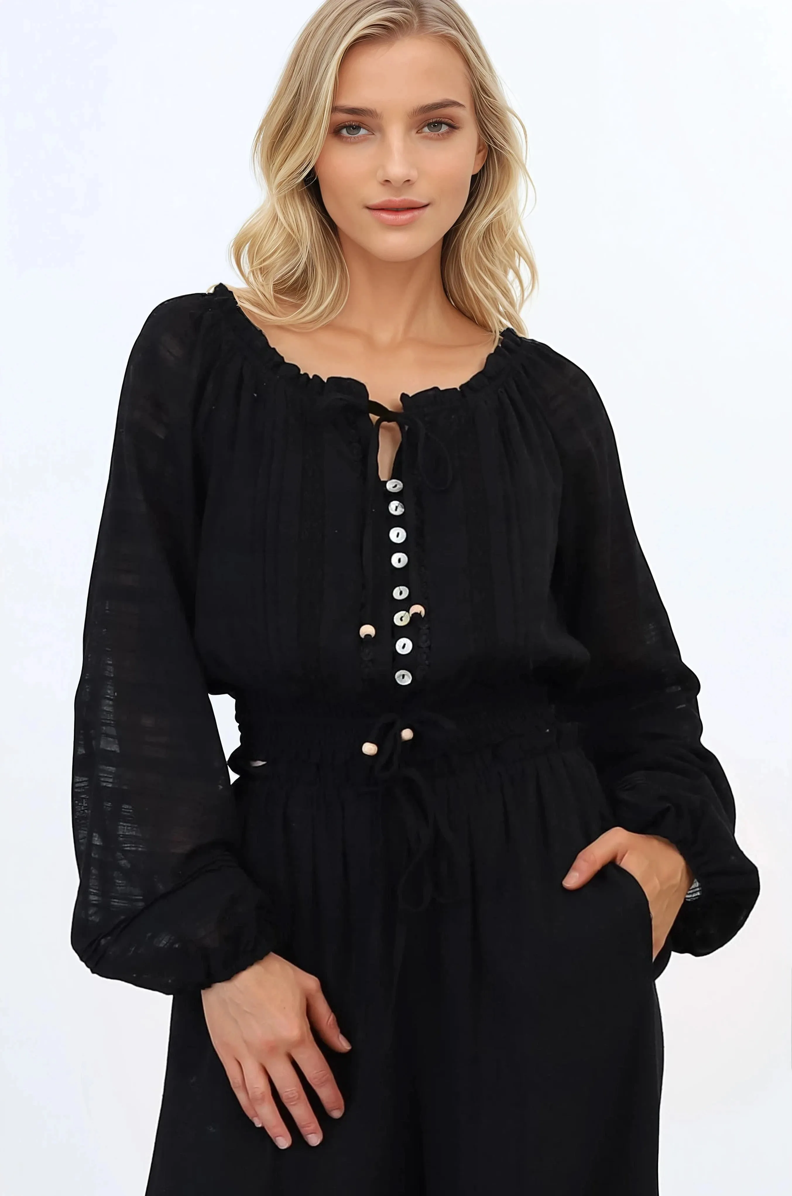 Marlon Top - On or Off Shoulder Pin Tuck Detail Long Balloon Sleeve Crop in Black sold by Salty Crush product image thumbnail 2