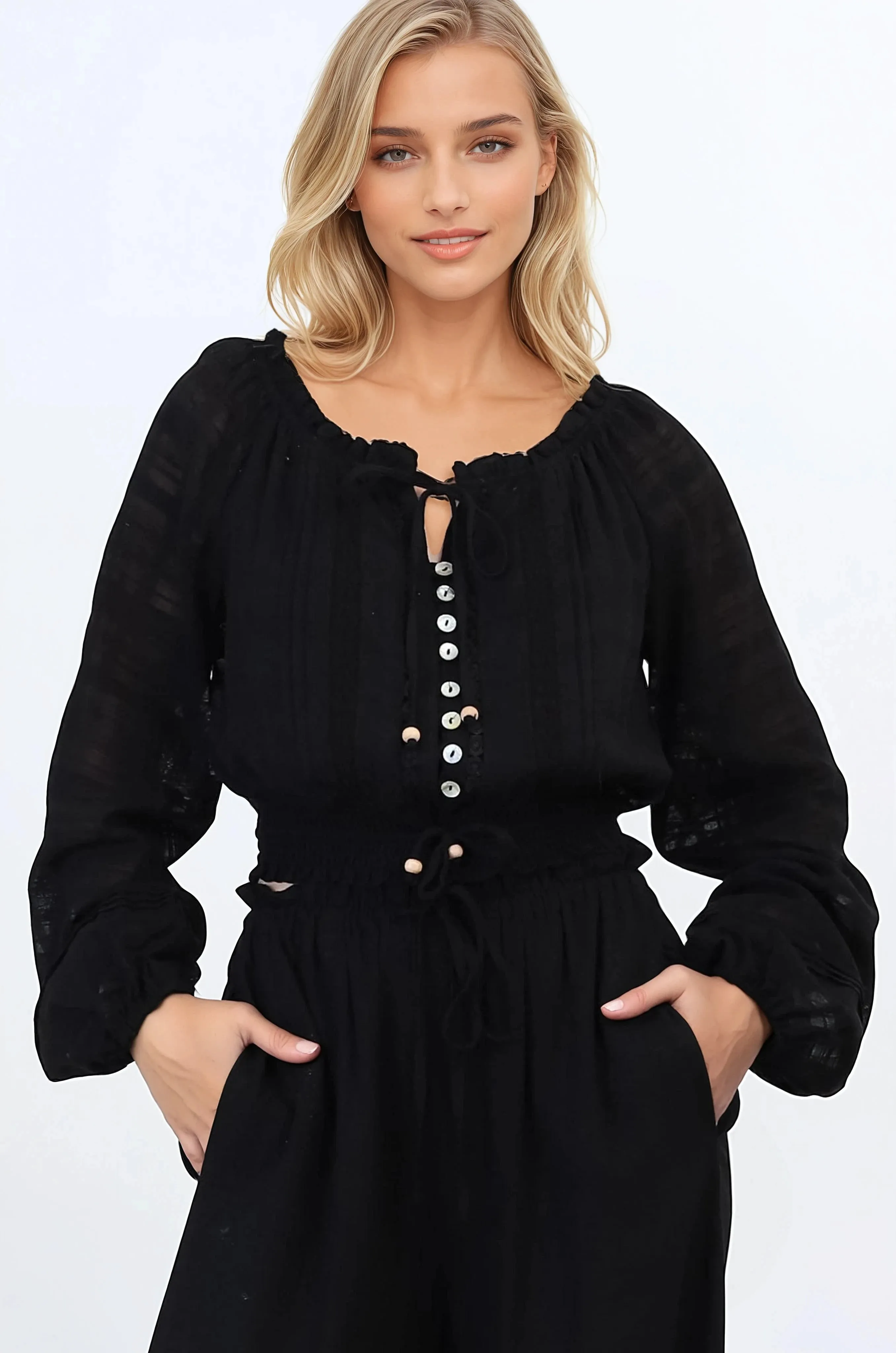 Marlon Top - On or Off Shoulder Pin Tuck Detail Long Balloon Sleeve Crop in Black sold by Salty Crush product image thumbnail 4