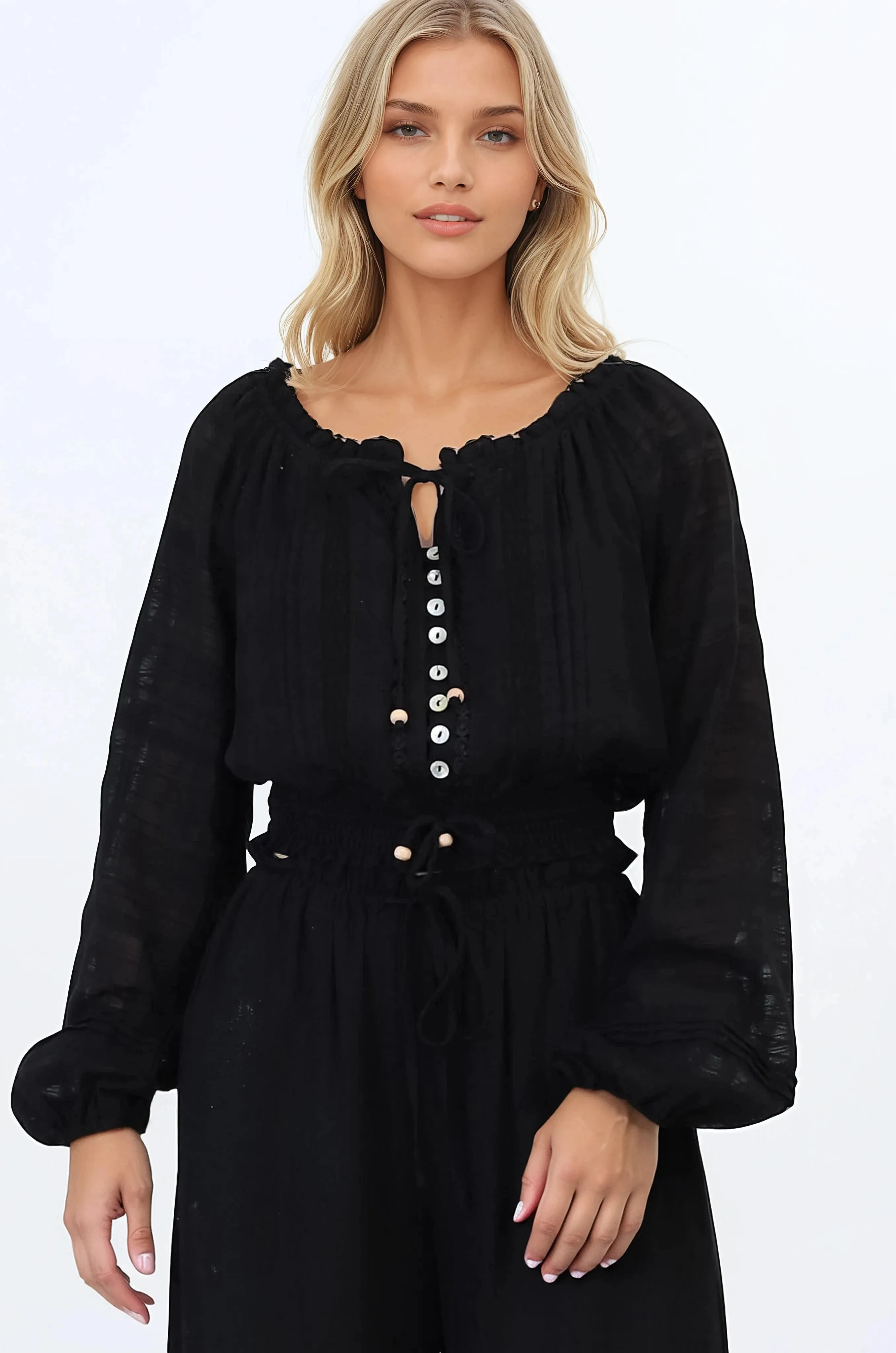 Marlon Top - On or Off Shoulder Pin Tuck Detail Long Balloon Sleeve Crop in Black sold by Salty Crush product image thumbnail 3