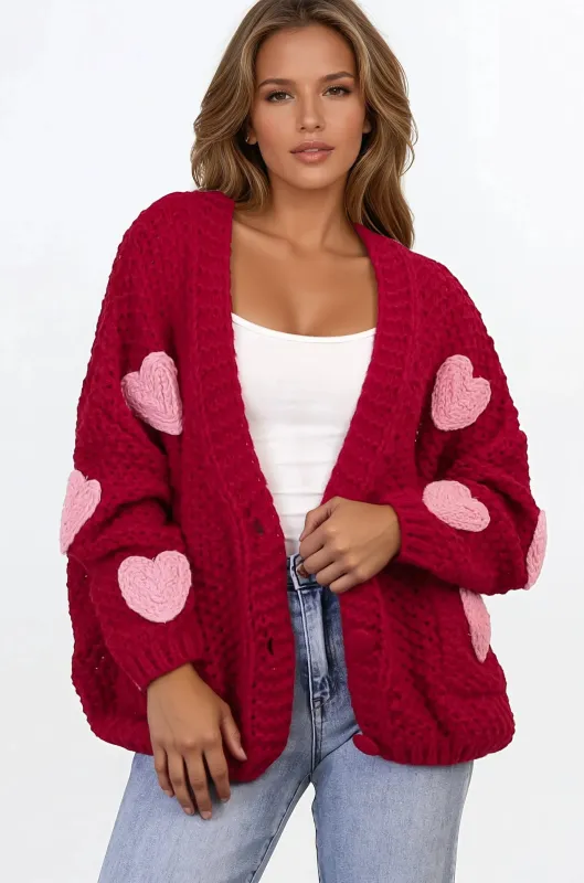 Emma Cardigan - V-Neck Hearts Buttoned Down Cardigan in Cherry Pink sold by Salty Crush