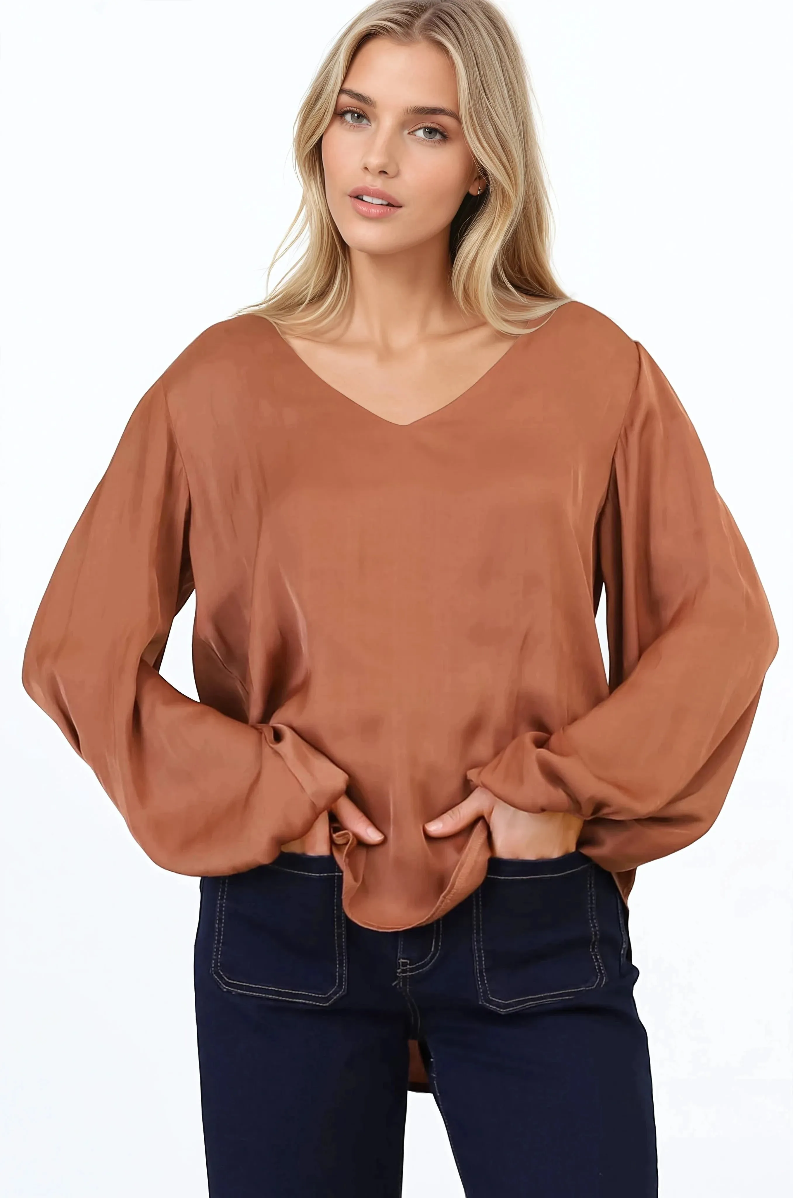 Morgana Blouse - Soft V-Neckline Pull Over Top with Balloon Sleeves in Rust sold by Salty Crush product image thumbnail 4