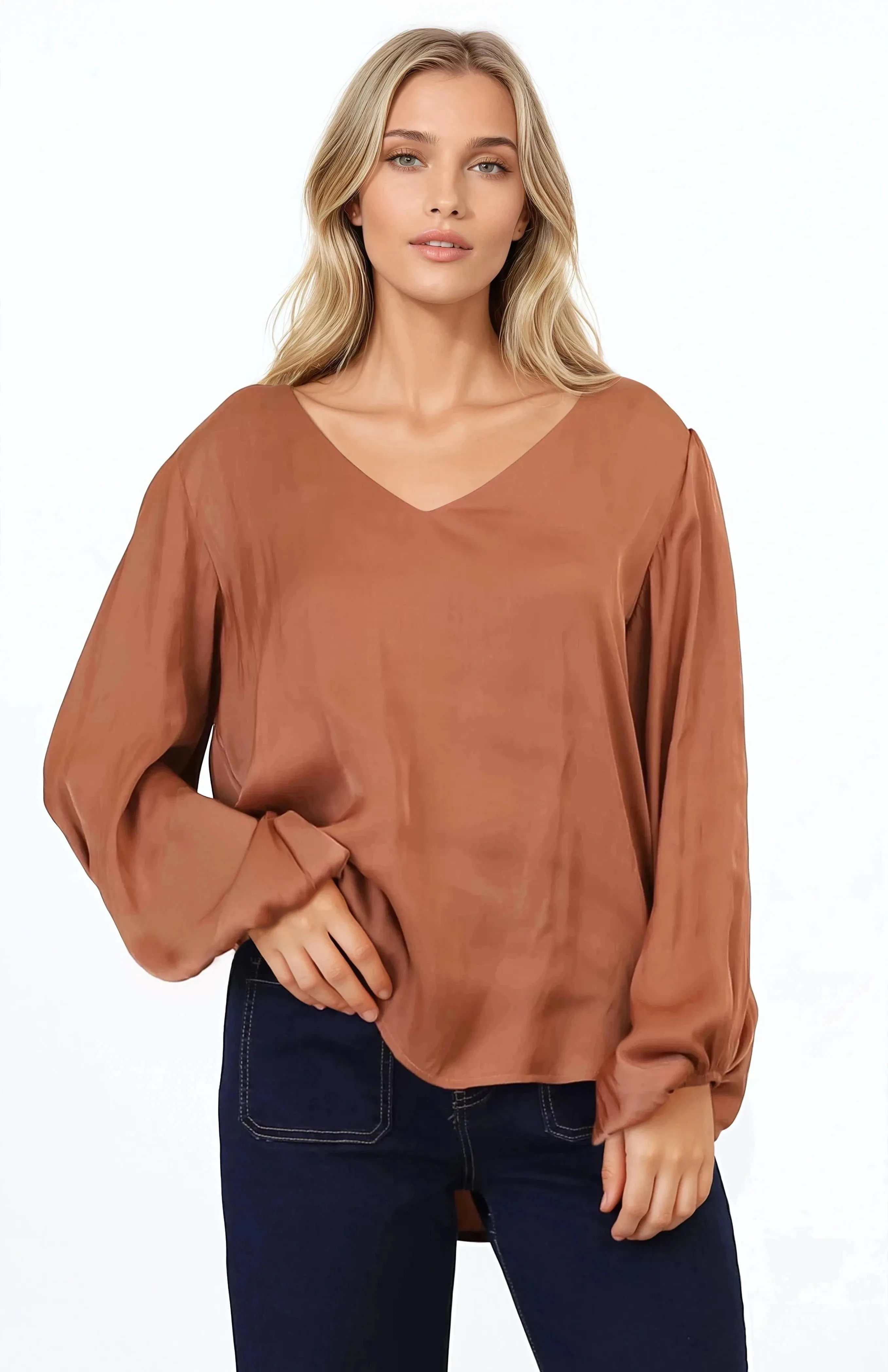 Morgana Blouse - Soft V-Neckline Pull Over Top with Balloon Sleeves in Rust sold by Salty Crush product image thumbnail 2