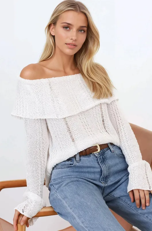 Rayra Knit Top - Multiway Neckline Knit Top with Flute Sleeves in White sold by Salty Crush