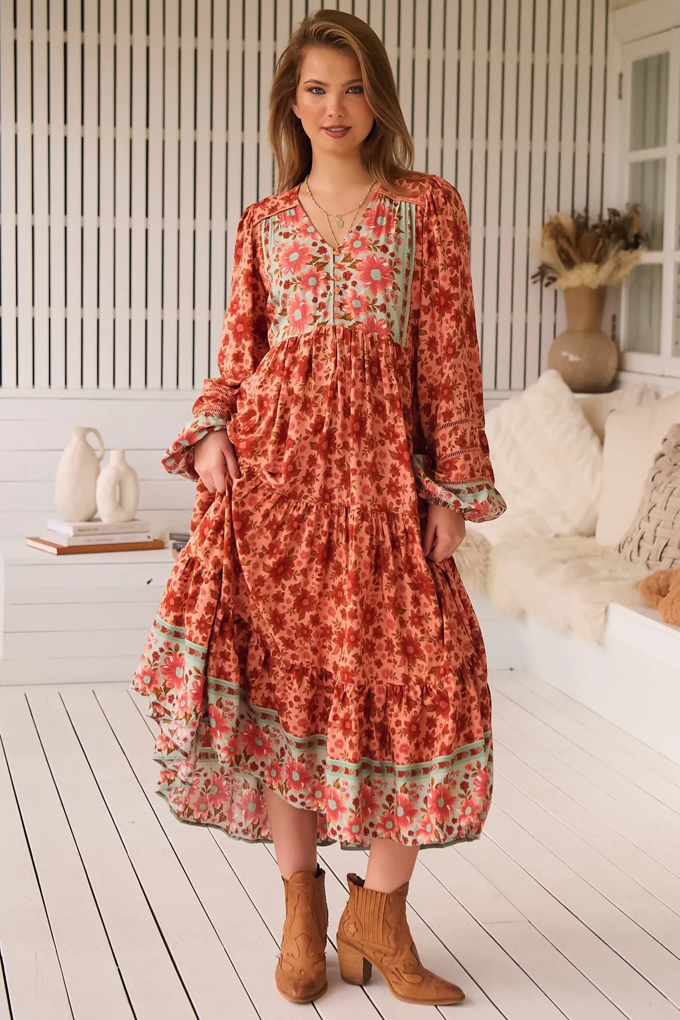 Eve Midi Dress - V Neck Long Sleeve Tiered Dress with Option Waist Tie in Lillianna Print sold by Salty Crush product image thumbnail 4