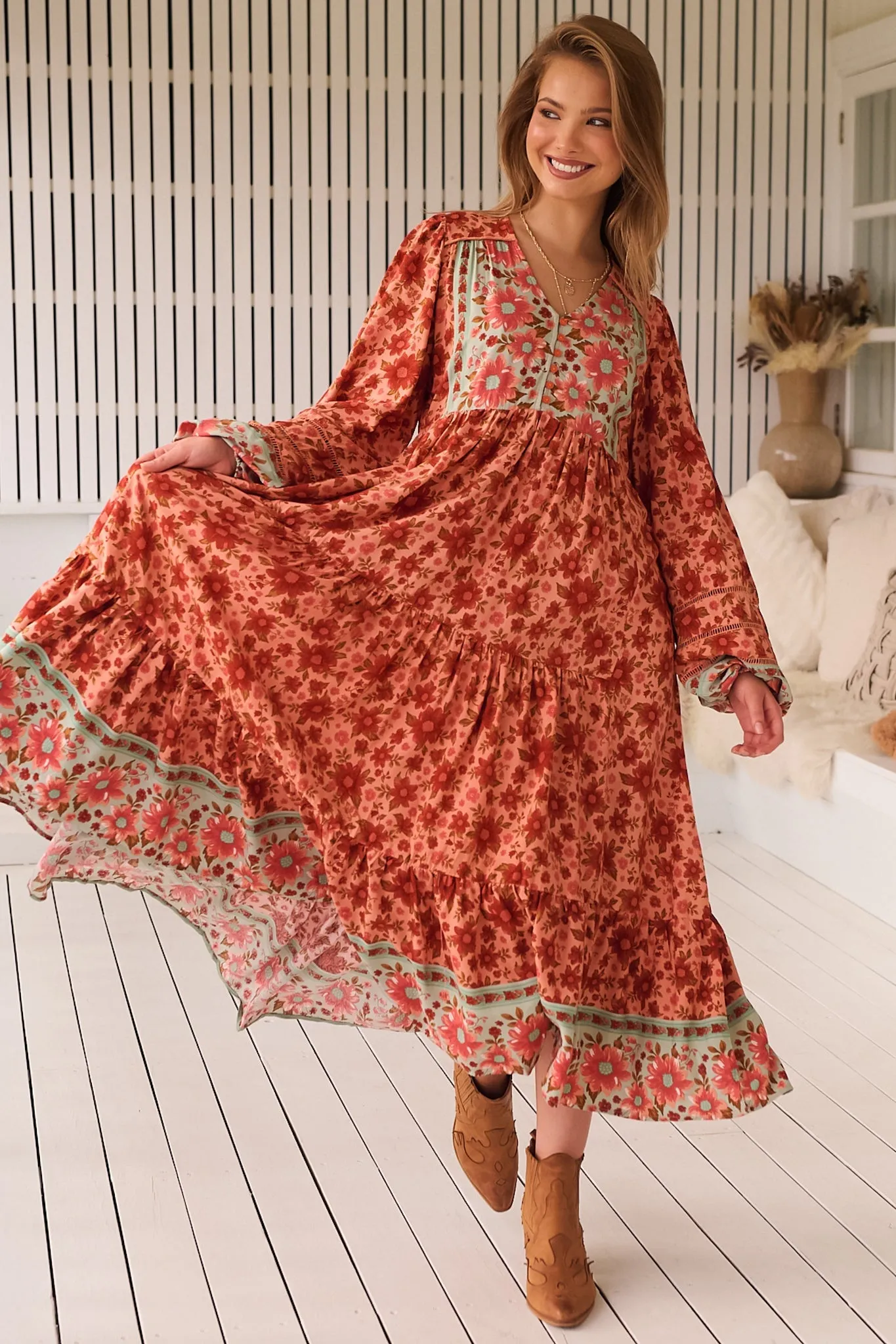 Eve Midi Dress - V Neck Long Sleeve Tiered Dress with Option Waist Tie in Lillianna Print sold by Salty Crush product image thumbnail 3