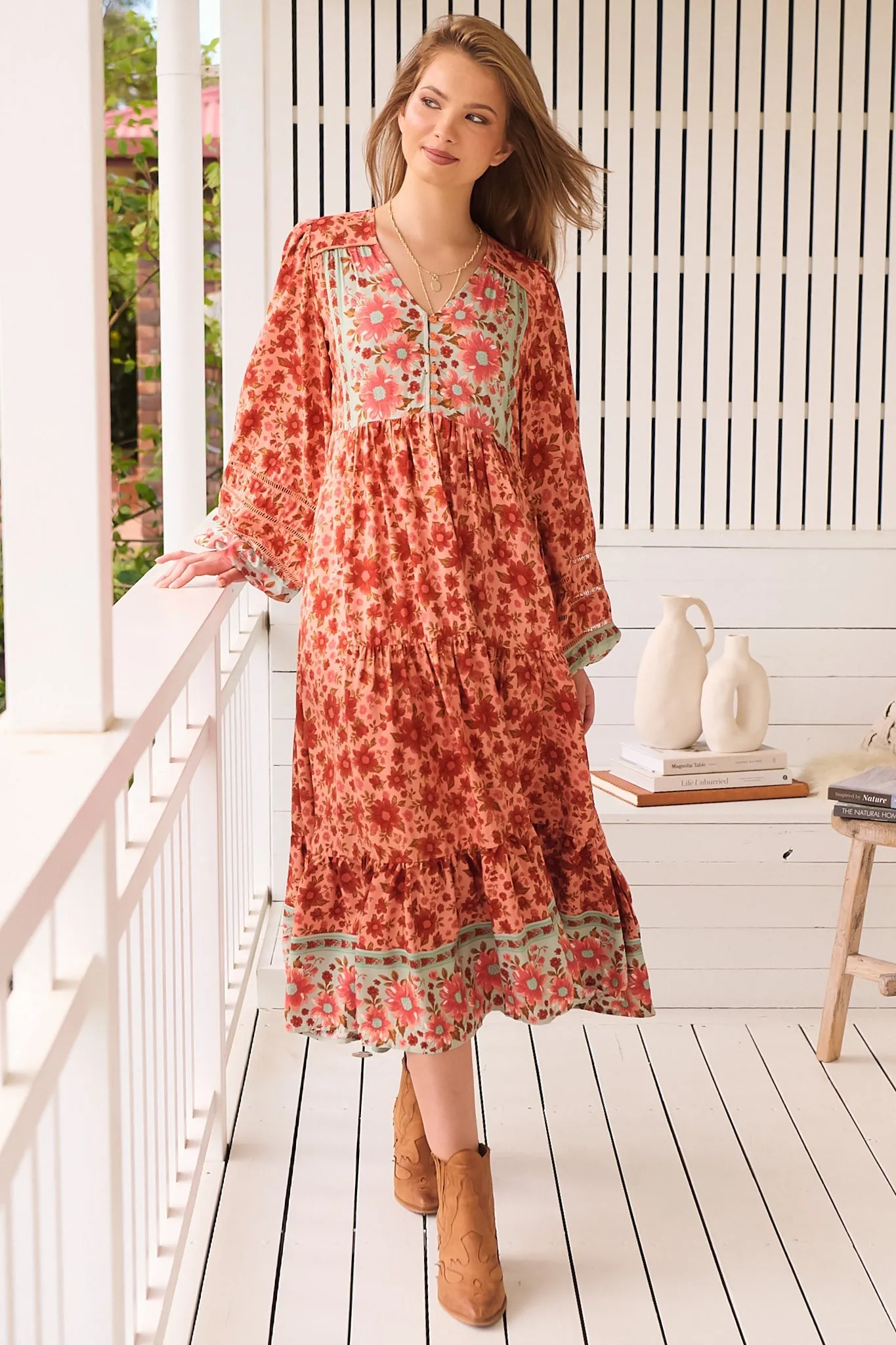 Eve Midi Dress - V Neck Long Sleeve Tiered Dress with Option Waist Tie in Lillianna Print sold by Salty Crush product image thumbnail 5