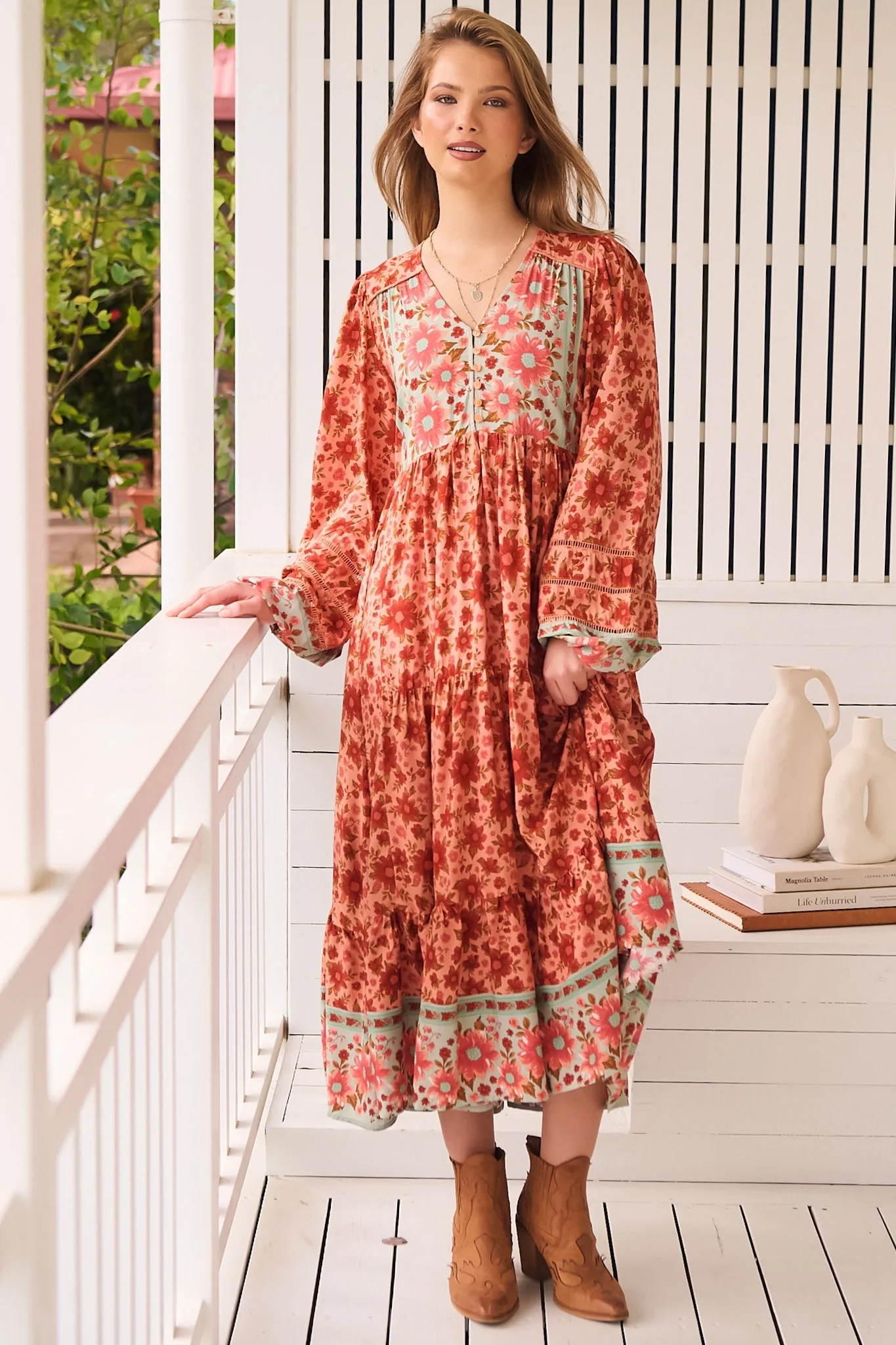 Eve Midi Dress - V Neck Long Sleeve Tiered Dress with Option Waist Tie in Lillianna Print sold by Salty Crush product image thumbnail 2