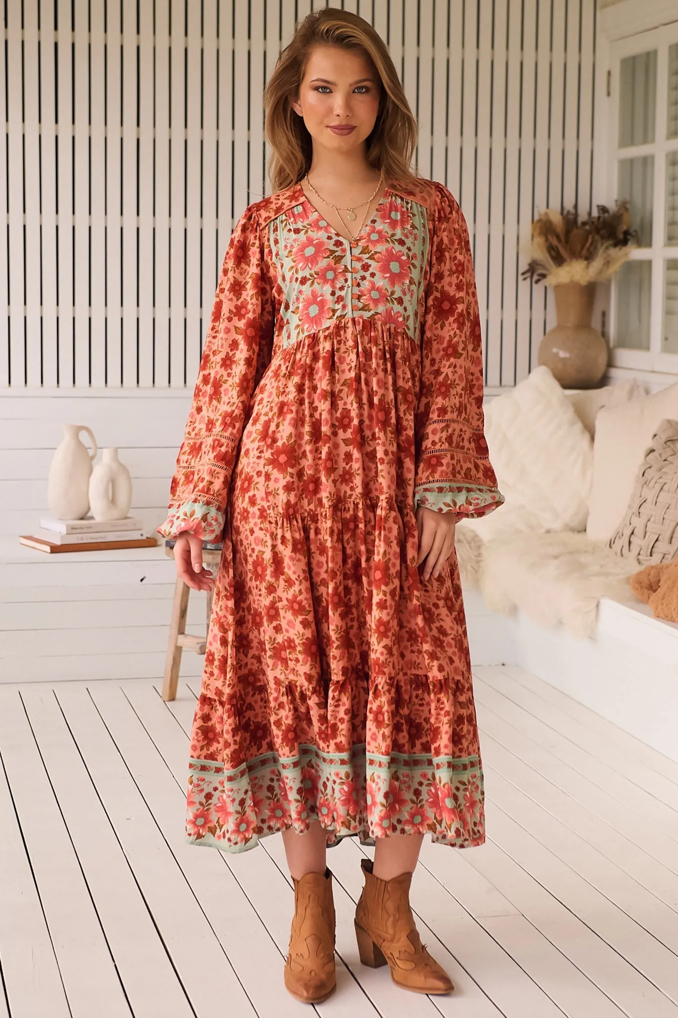 Eve Midi Dress - V Neck Long Sleeve Tiered Dress with Option Waist Tie in Lillianna Print sold by Salty Crush