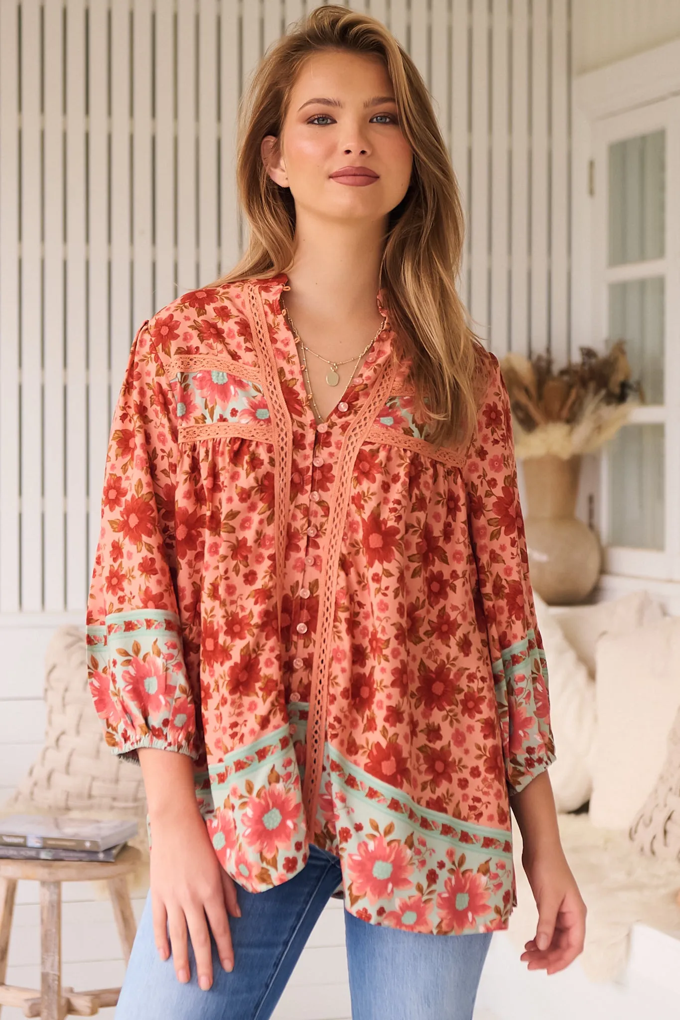 Bee Blouse - Lace Decal Button Down 3/4 Sleeve Blouse in Lillianna Print sold by Salty Crush product image thumbnail 4