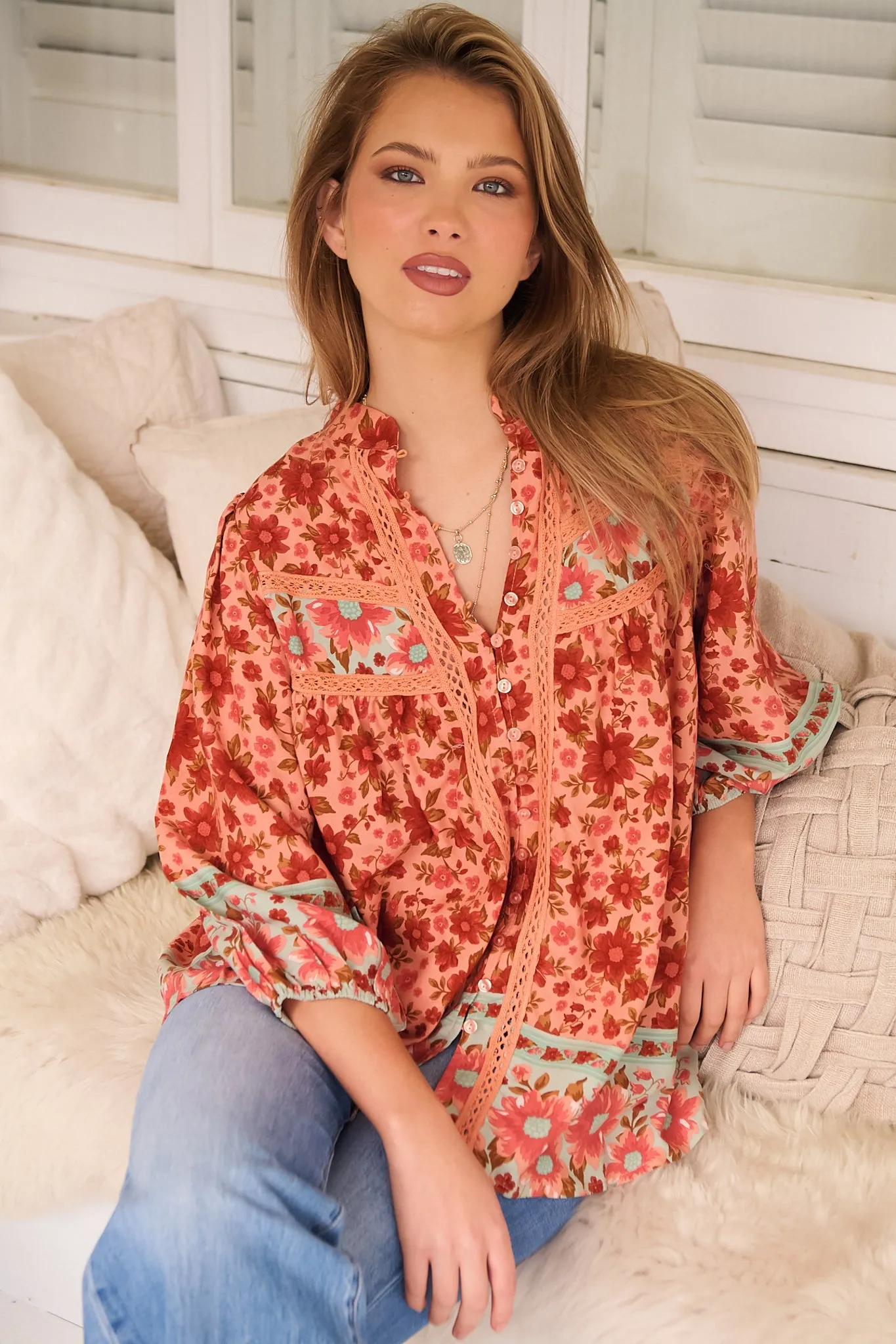 Bee Blouse - Lace Decal Button Down 3/4 Sleeve Blouse in Lillianna Print sold by Salty Crush product image thumbnail 5