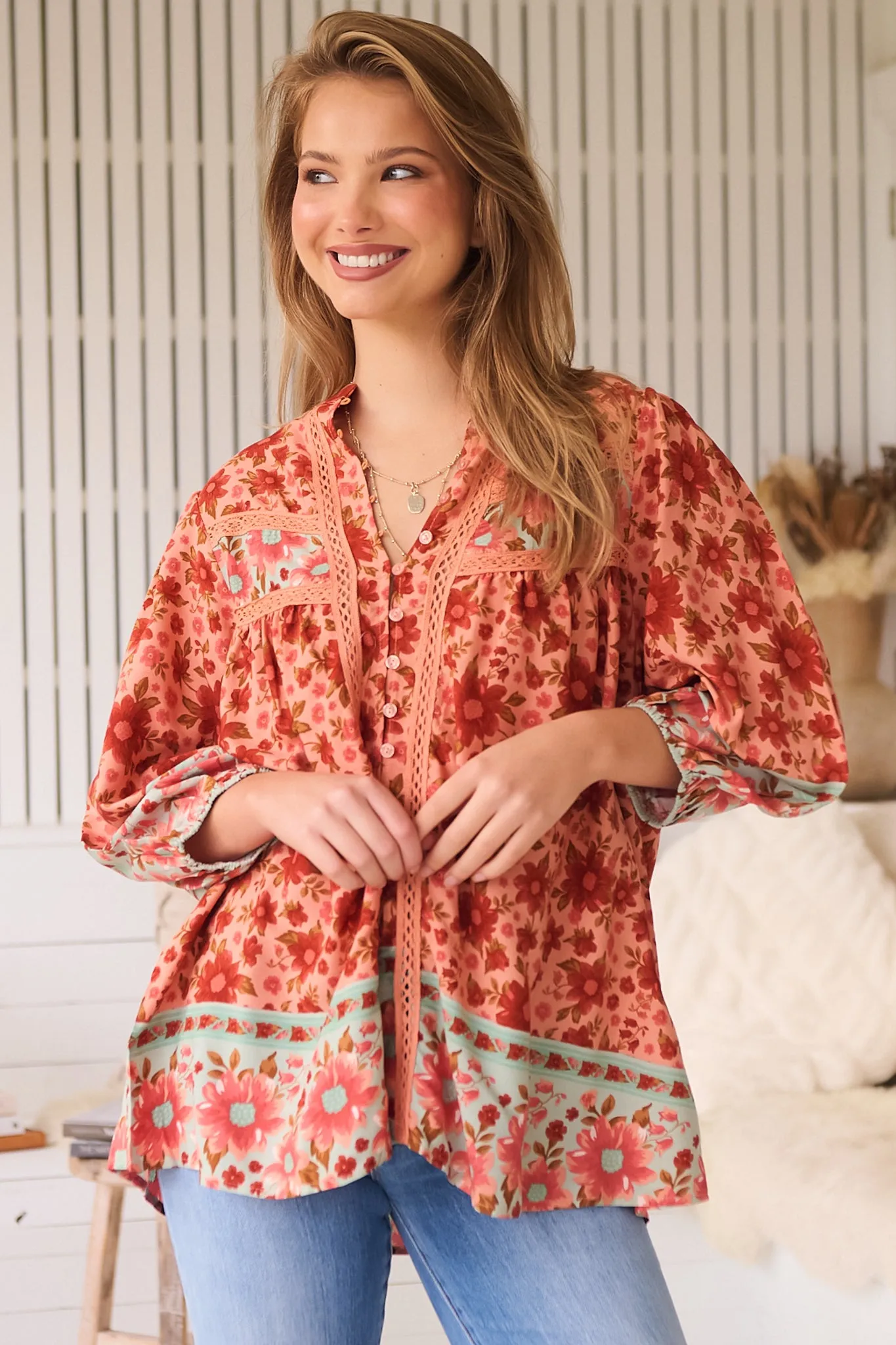 Bee Blouse - Lace Decal Button Down 3/4 Sleeve Blouse in Lillianna Print sold by Salty Crush product image thumbnail 3