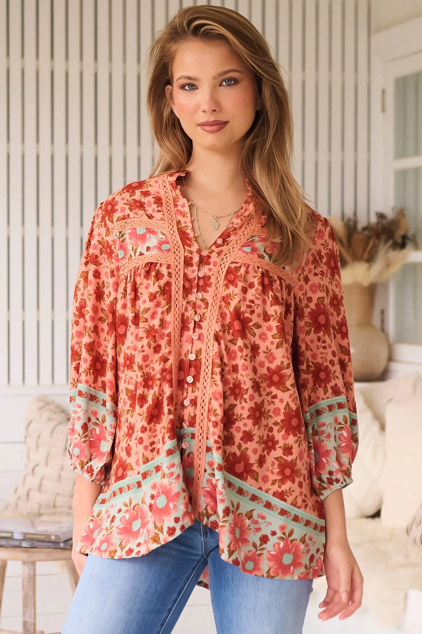 Bee Blouse - Lace Decal Button Down 3/4 Sleeve Blouse in Lillianna Print sold by Salty Crush