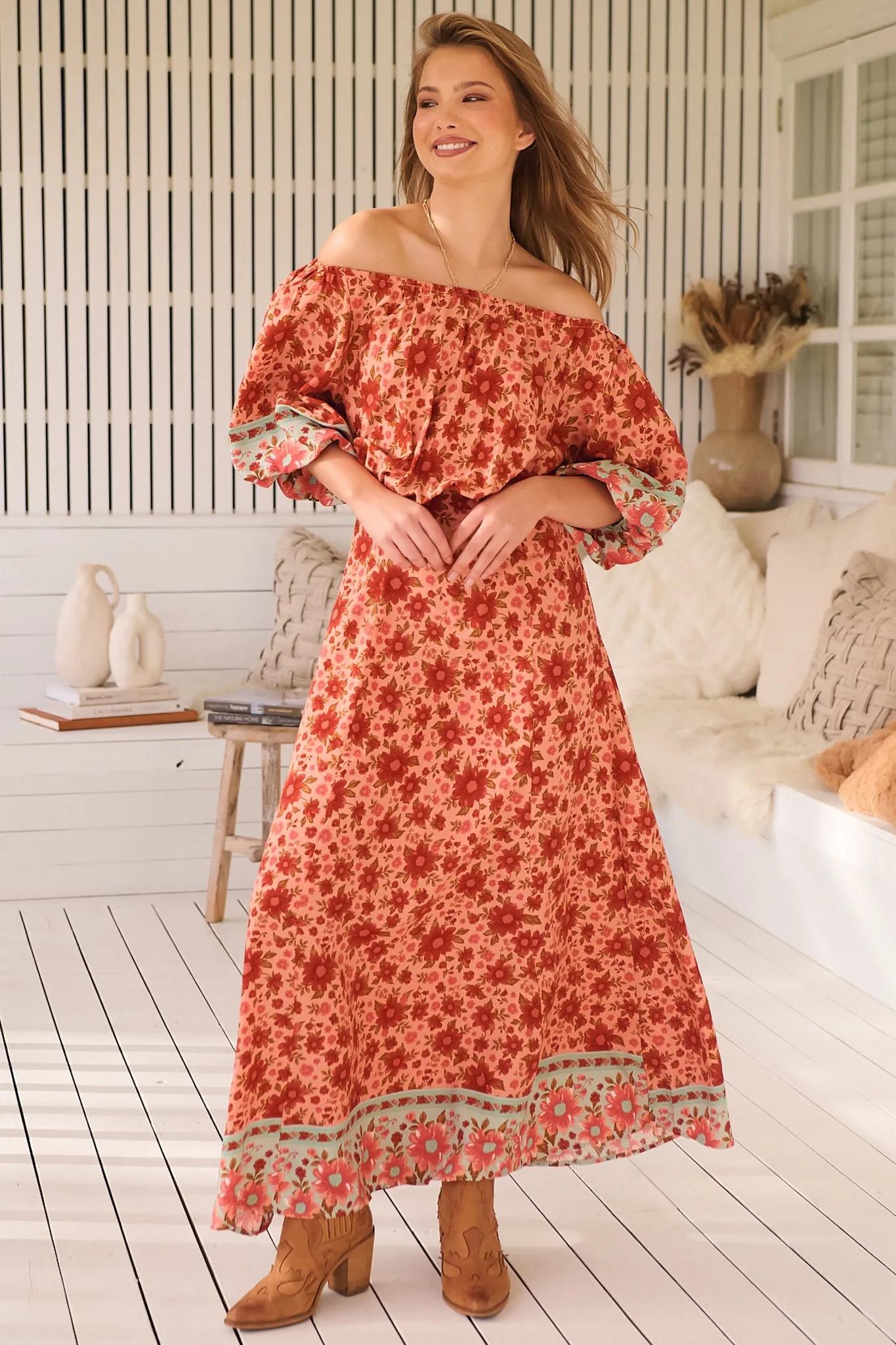 Hallie Maxi Dress - Off Shoulder Balloon Sleeve Dress in Lillianna Print sold by Salty Crush product image thumbnail 3