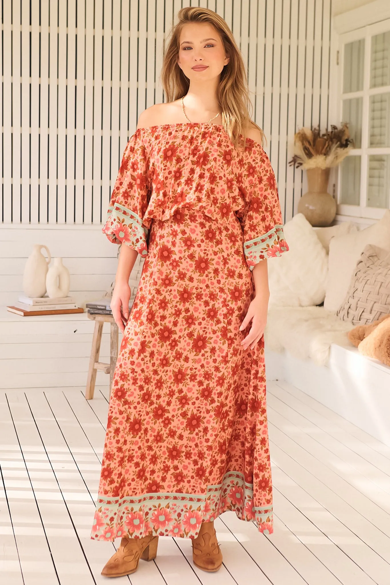 Hallie Maxi Dress - Off Shoulder Balloon Sleeve Dress in Lillianna Print sold by Salty Crush product image thumbnail 5
