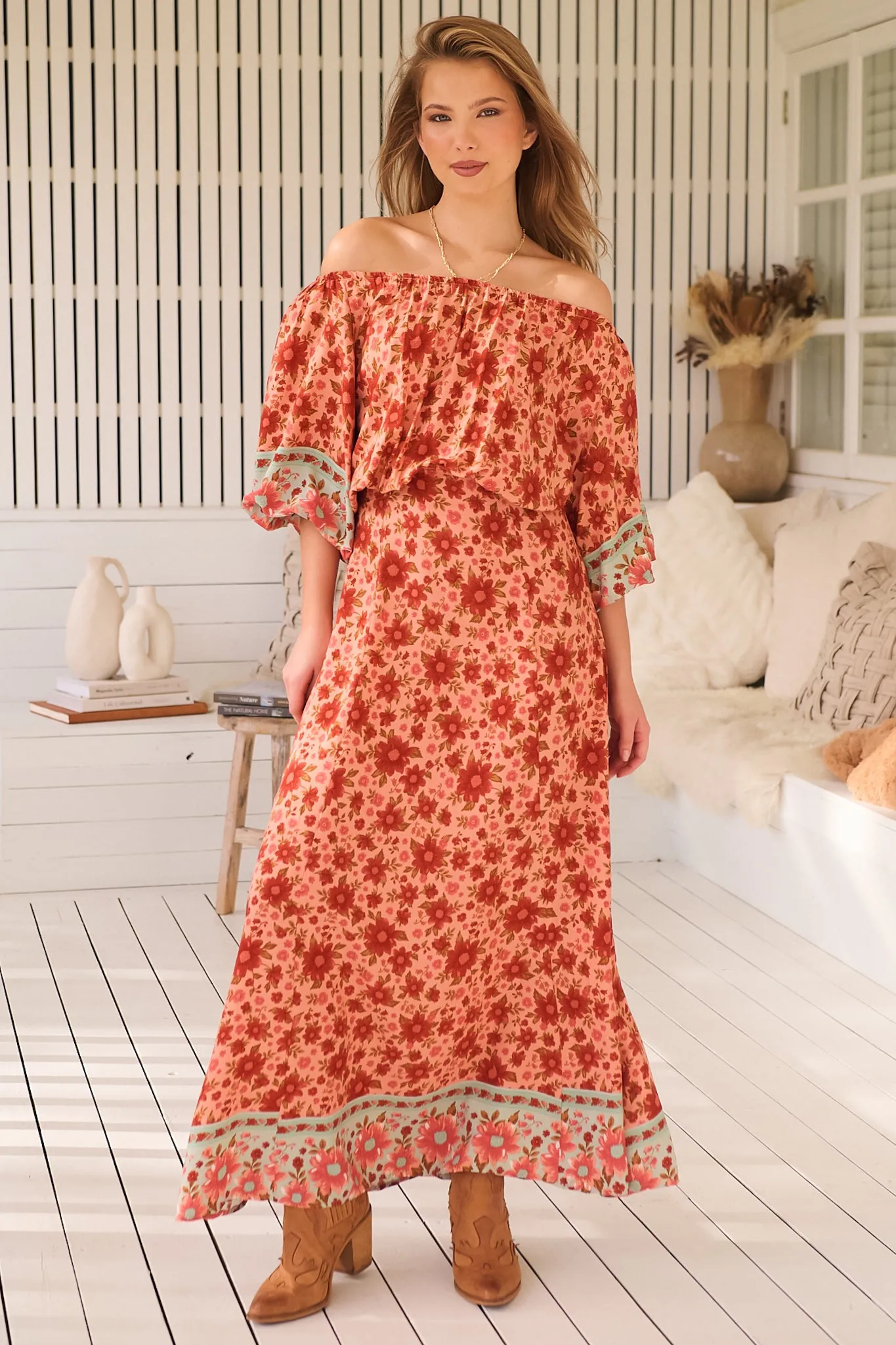 Hallie Maxi Dress - Off Shoulder Balloon Sleeve Dress in Lillianna Print sold by Salty Crush