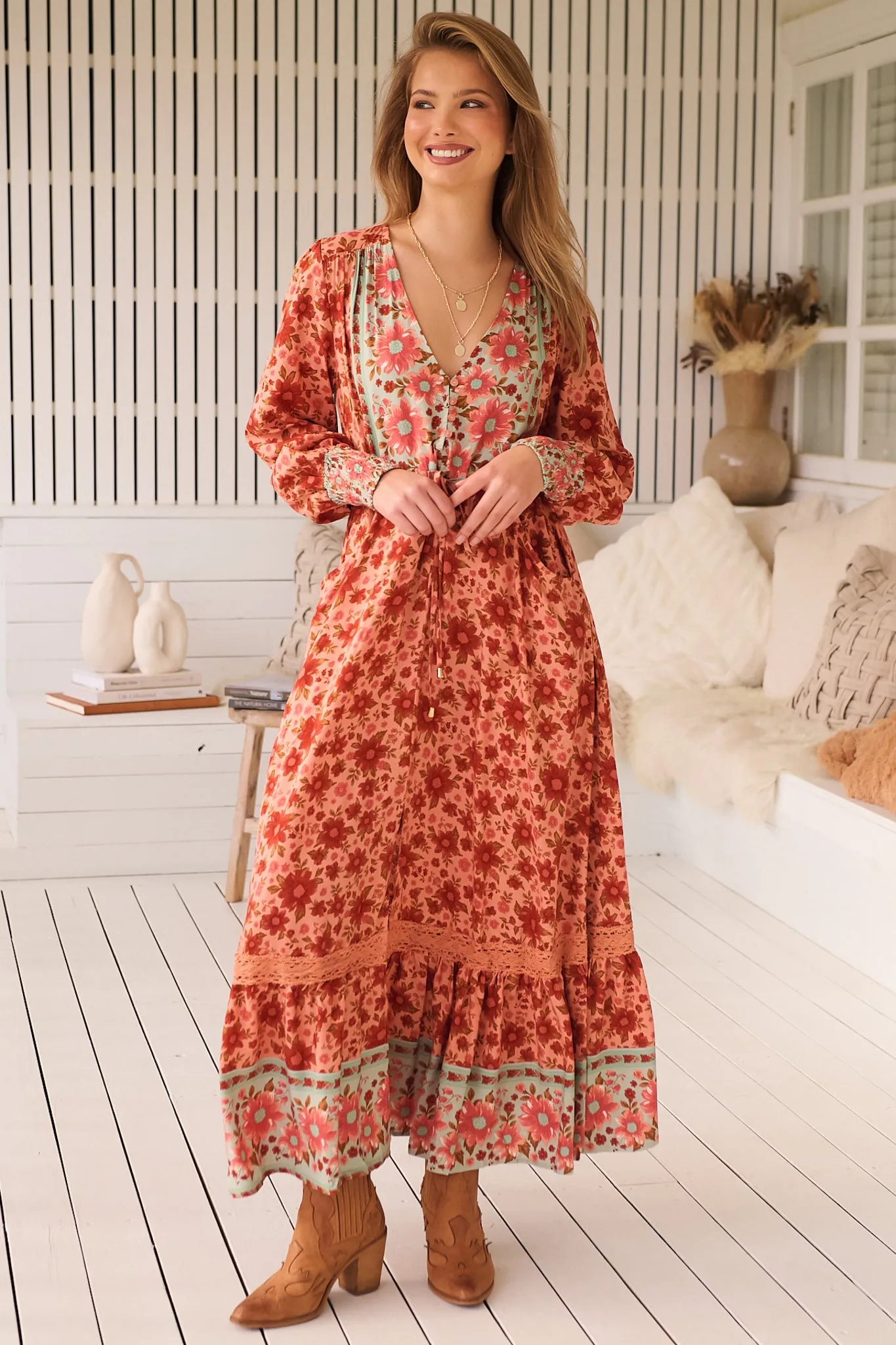 Arlo Maxi Dress - V-Neck Pull Tie Waist Maxi With Pockets in Lillianna Print sold by Salty Crush product image thumbnail 3