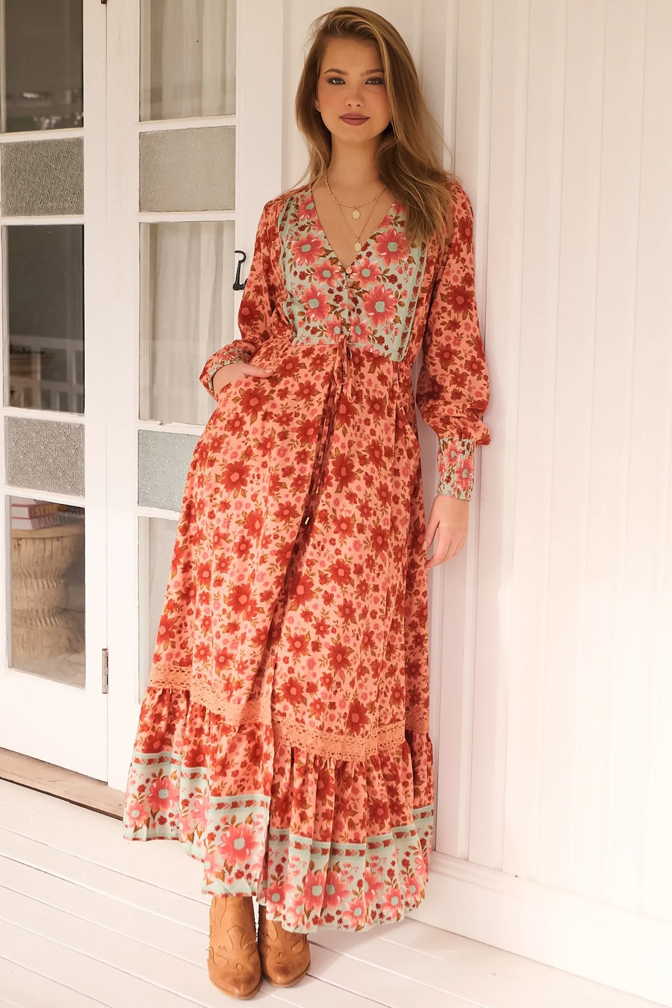 Arlo Maxi Dress - V-Neck Pull Tie Waist Maxi With Pockets in Lillianna Print sold by Salty Crush product image thumbnail 4