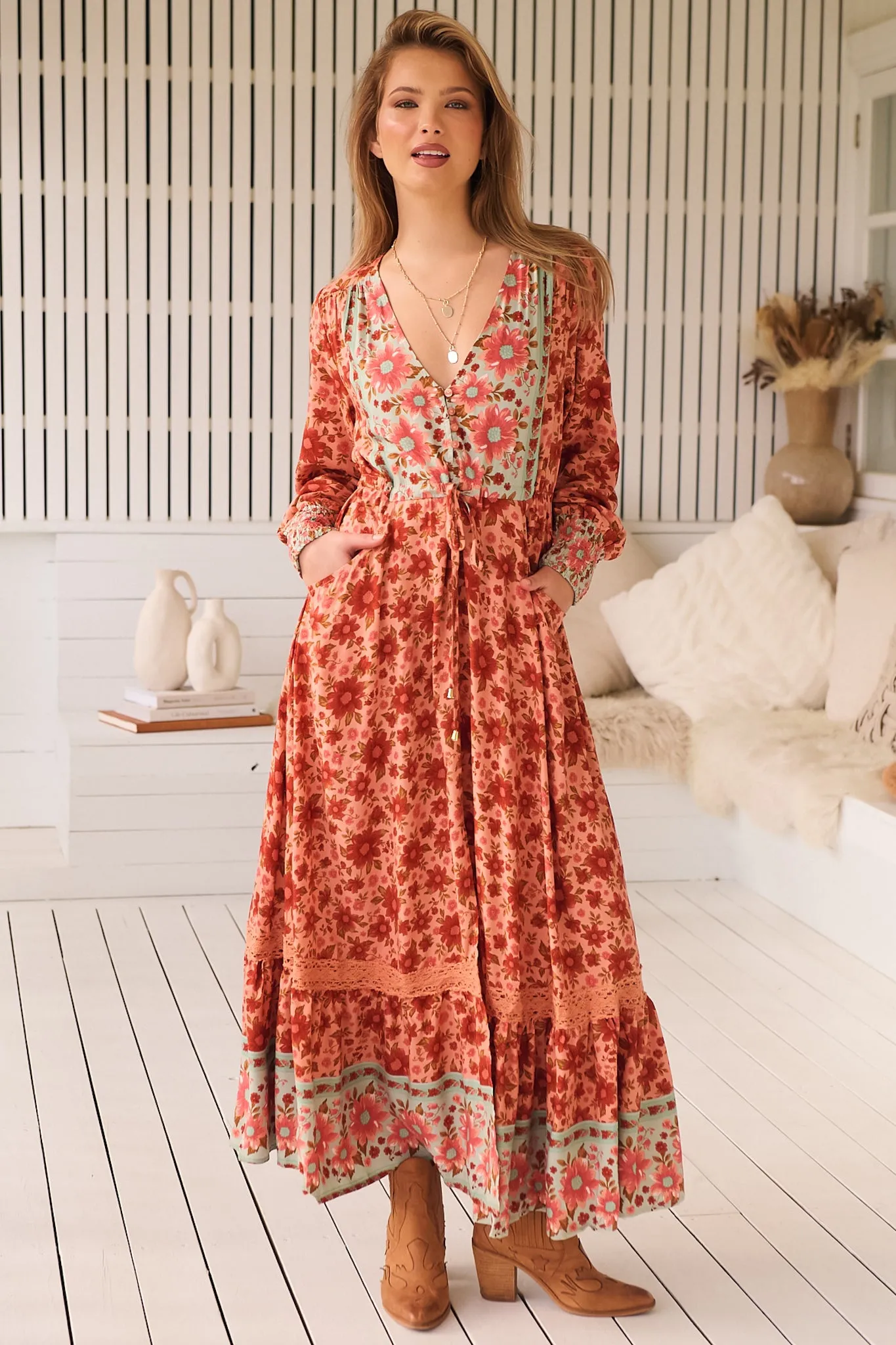 Arlo Maxi Dress - V-Neck Pull Tie Waist Maxi With Pockets in Lillianna Print sold by Salty Crush product image thumbnail 5
