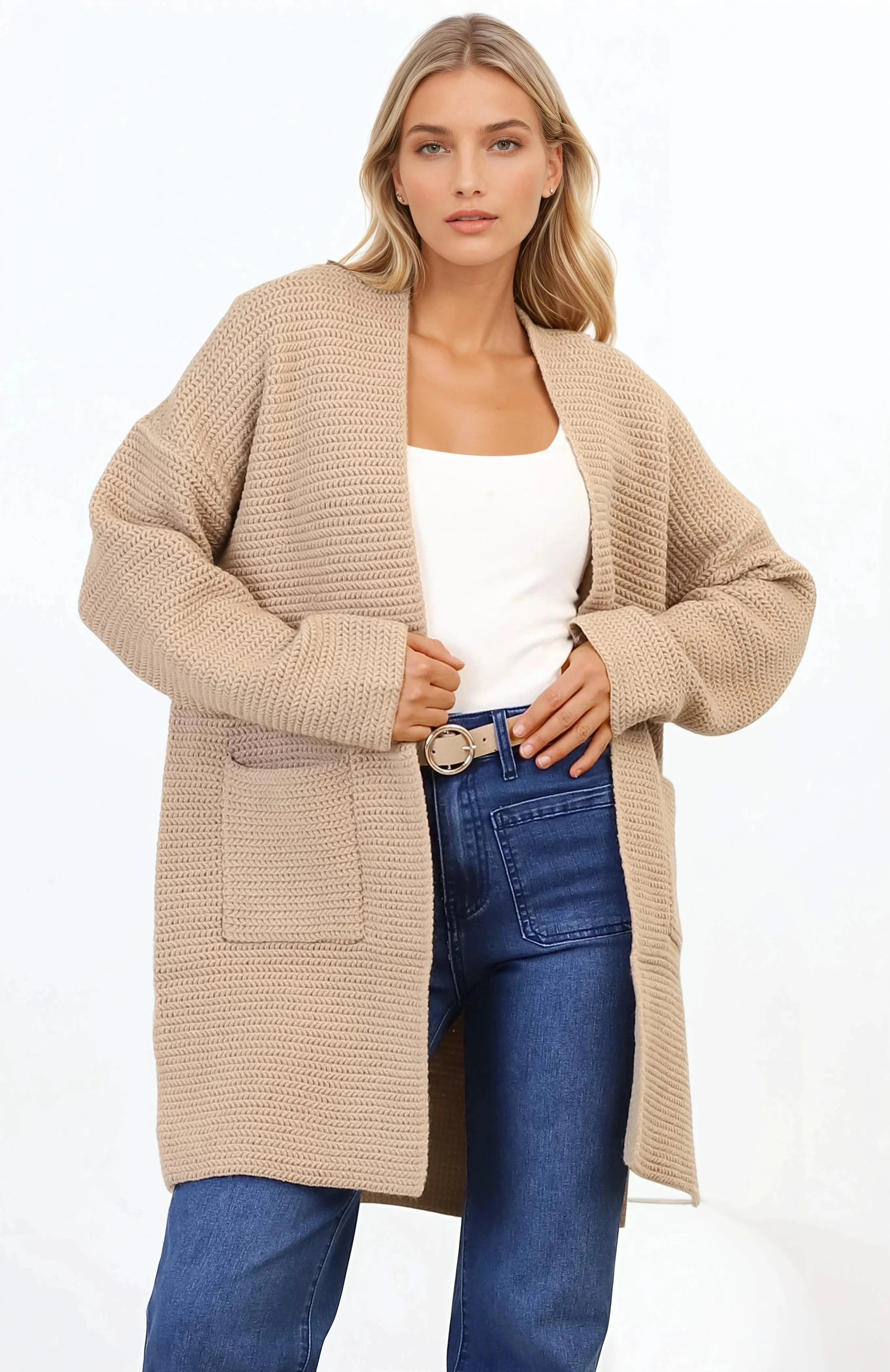 Charles Cardigan - Open Front Knit Cardigan with Pockets in Camel sold by Salty Crush product image thumbnail 2
