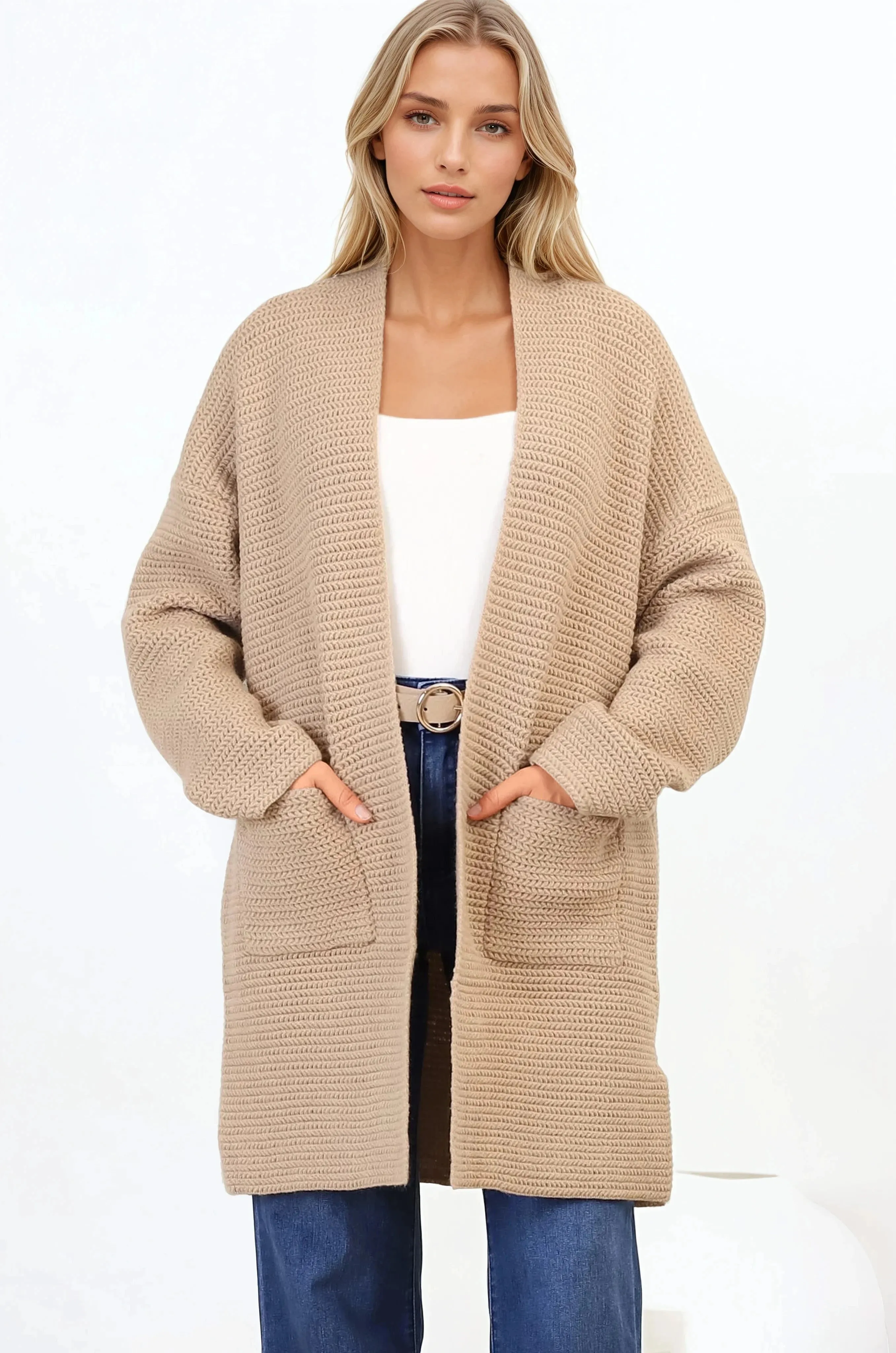 Charles Cardigan - Open Front Knit Cardigan with Pockets in Camel sold by Salty Crush