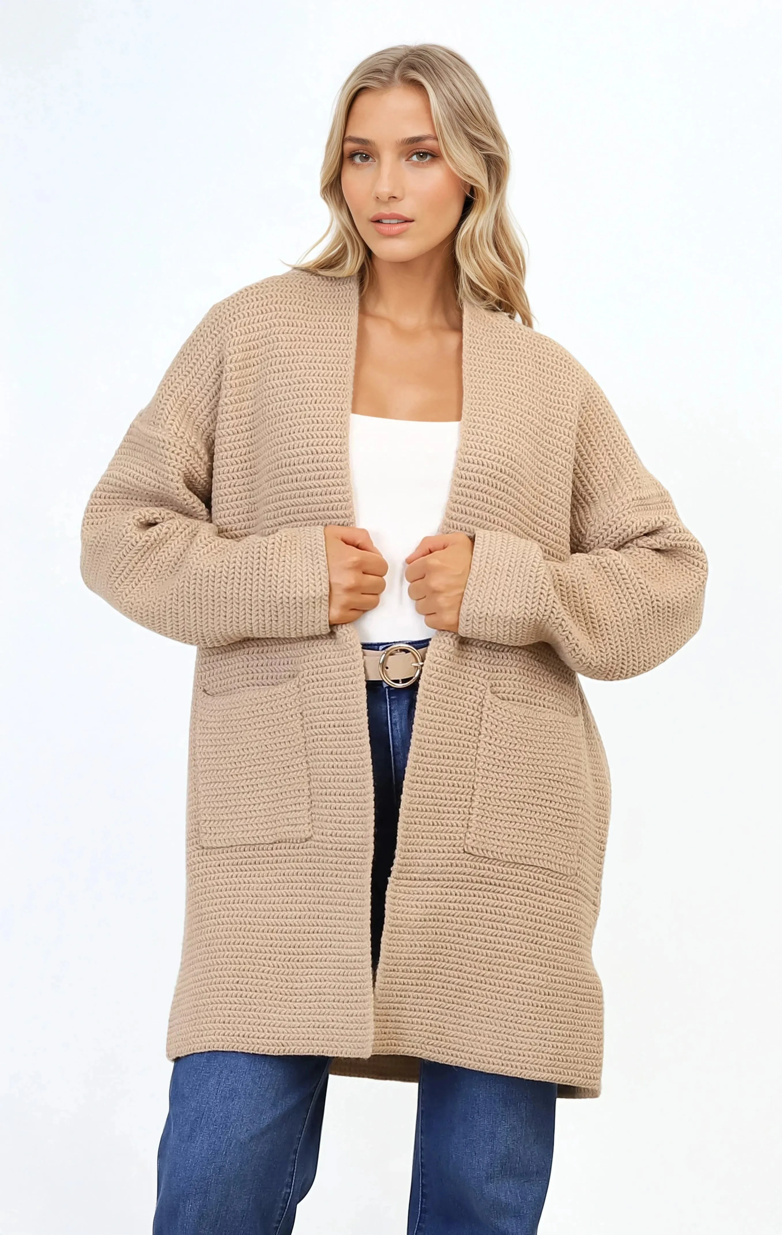 Charles Cardigan - Open Front Knit Cardigan with Pockets in Camel sold by Salty Crush product image thumbnail 4
