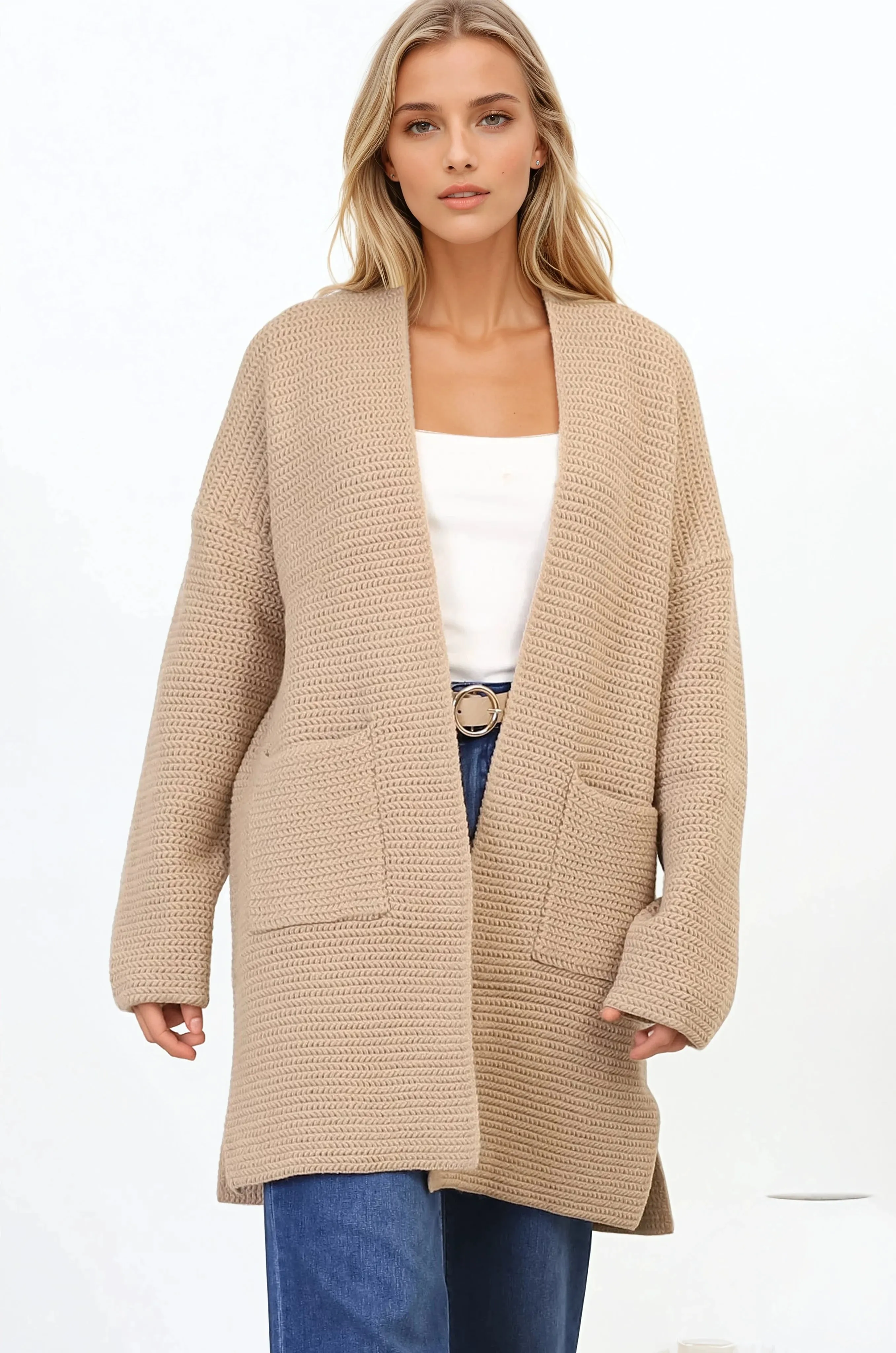 Charles Cardigan - Open Front Knit Cardigan with Pockets in Camel sold by Salty Crush product image thumbnail 3