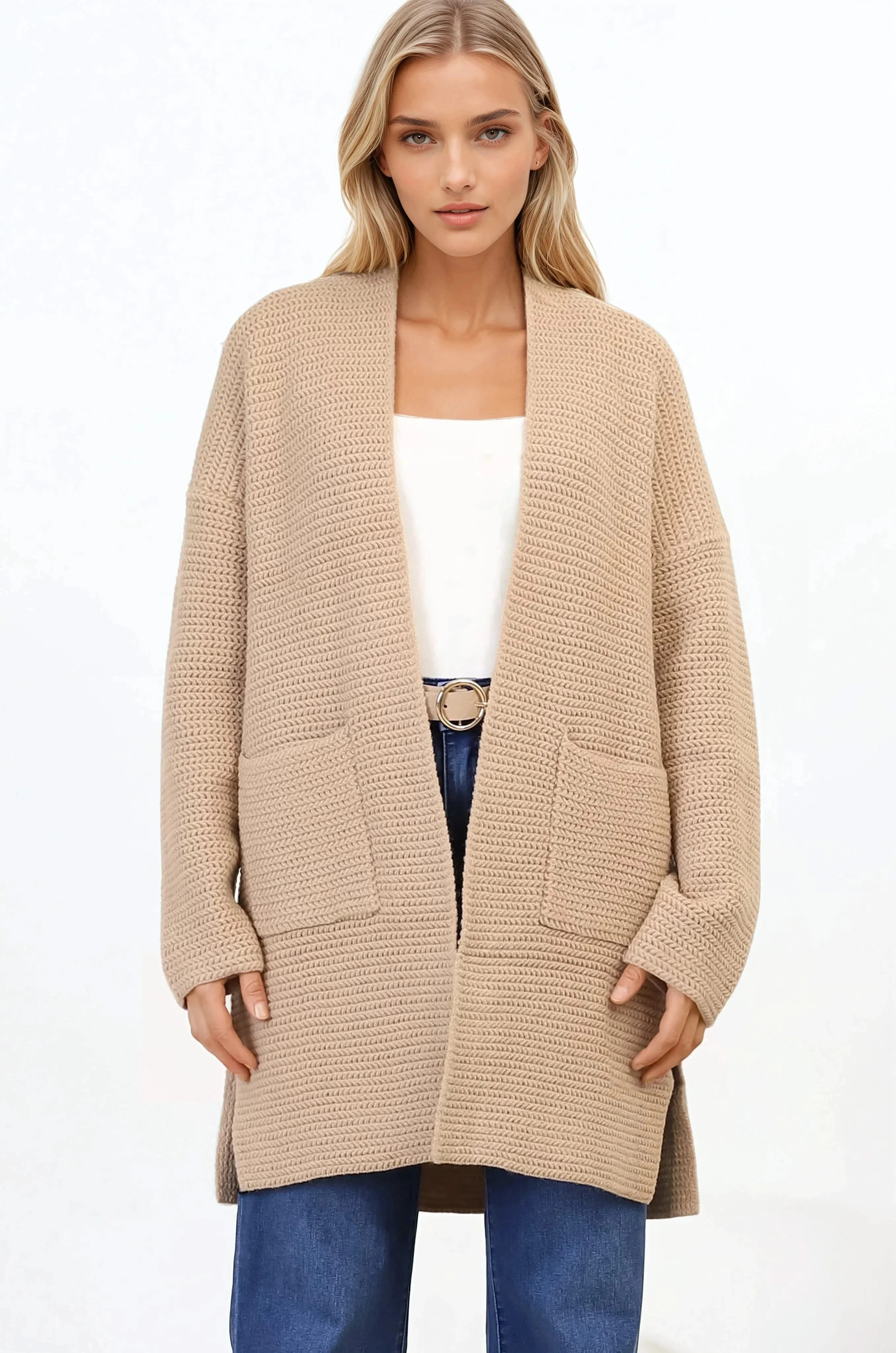 Charles Cardigan - Open Front Knit Cardigan with Pockets in Camel sold by Salty Crush product image thumbnail 5