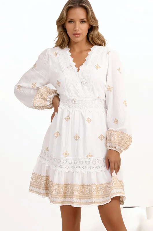 Fiona Mini Dress - V-Neck Lace Detailed Embroidered A-line Dress in Selena Print White sold by Salty Crush