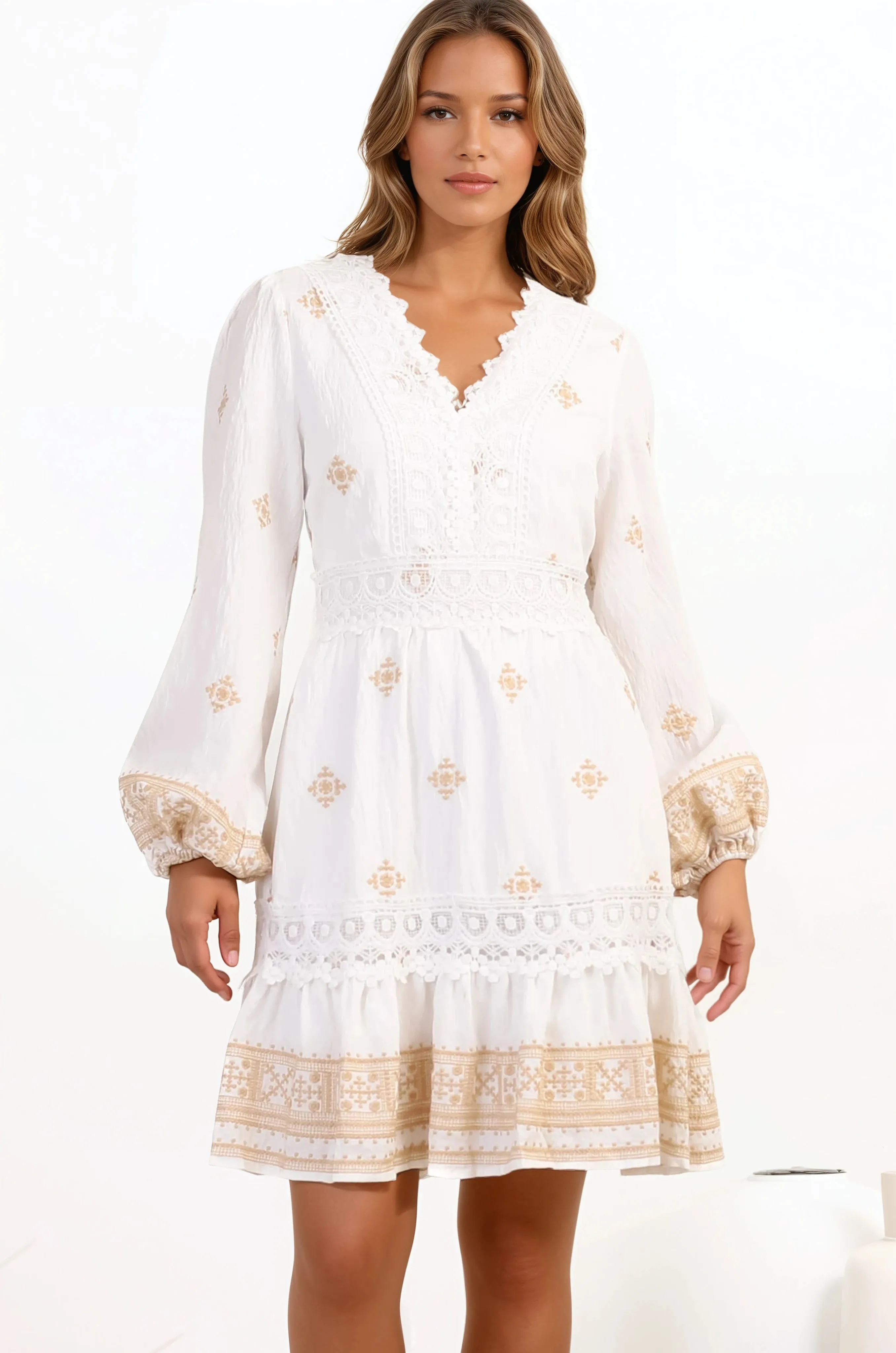 Fiona Mini Dress - V-Neck Lace Detailed Embroidered A-line Dress in Selena Print White sold by Salty Crush product image thumbnail 5