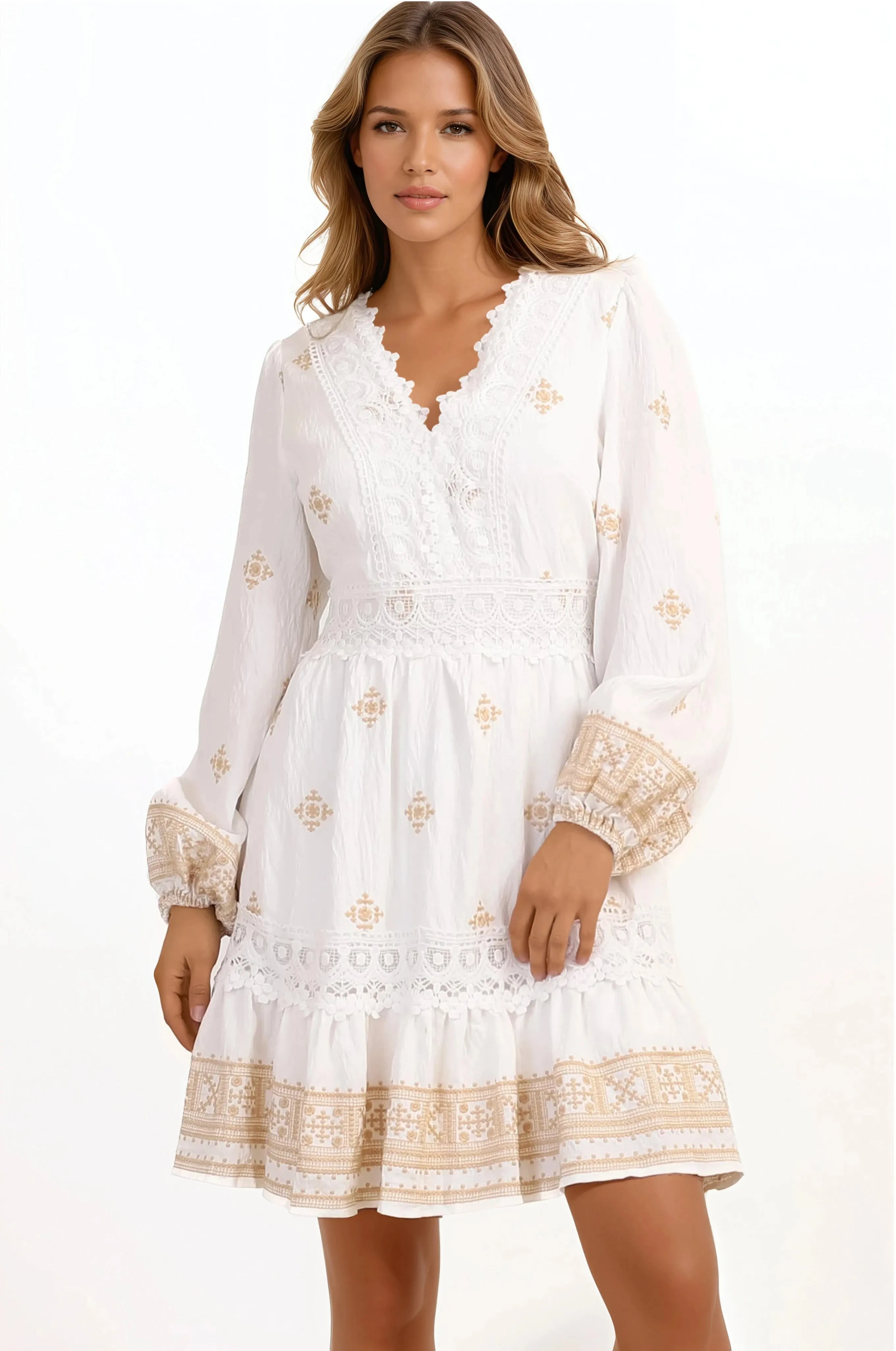 Fiona Mini Dress - V-Neck Lace Detailed Embroidered A-line Dress in Selena Print White sold by Salty Crush product image thumbnail 2