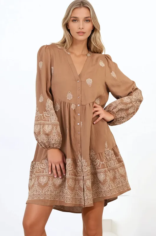 Brooke Mini Dress - Mandarin Collar Embroidered Button Down Dress with Pockets in Tan sold by Salty Crush