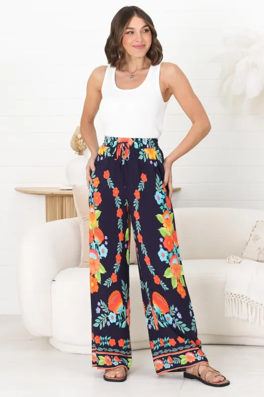 Anette Pants - Easy Wear High Waisted Straight Leg Pant in Octavia Print Navy sold by Salty Crush
