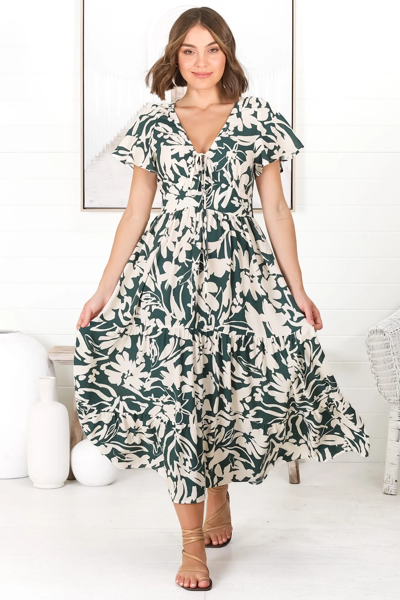 Tea Midi Dress - Pull In V Neckline Dress with Cap Sleeves in Charis Print Emerald sold by Salty Crush product image thumbnail 5