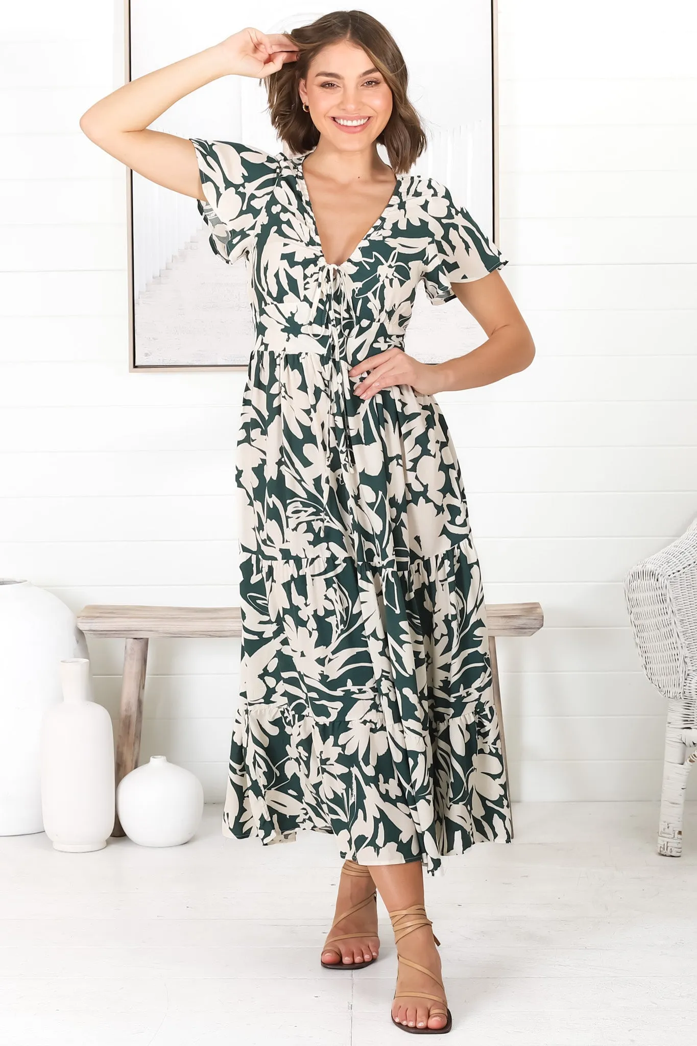 Tea Midi Dress - Pull In V Neckline Dress with Cap Sleeves in Charis Print Emerald sold by Salty Crush product image thumbnail 2
