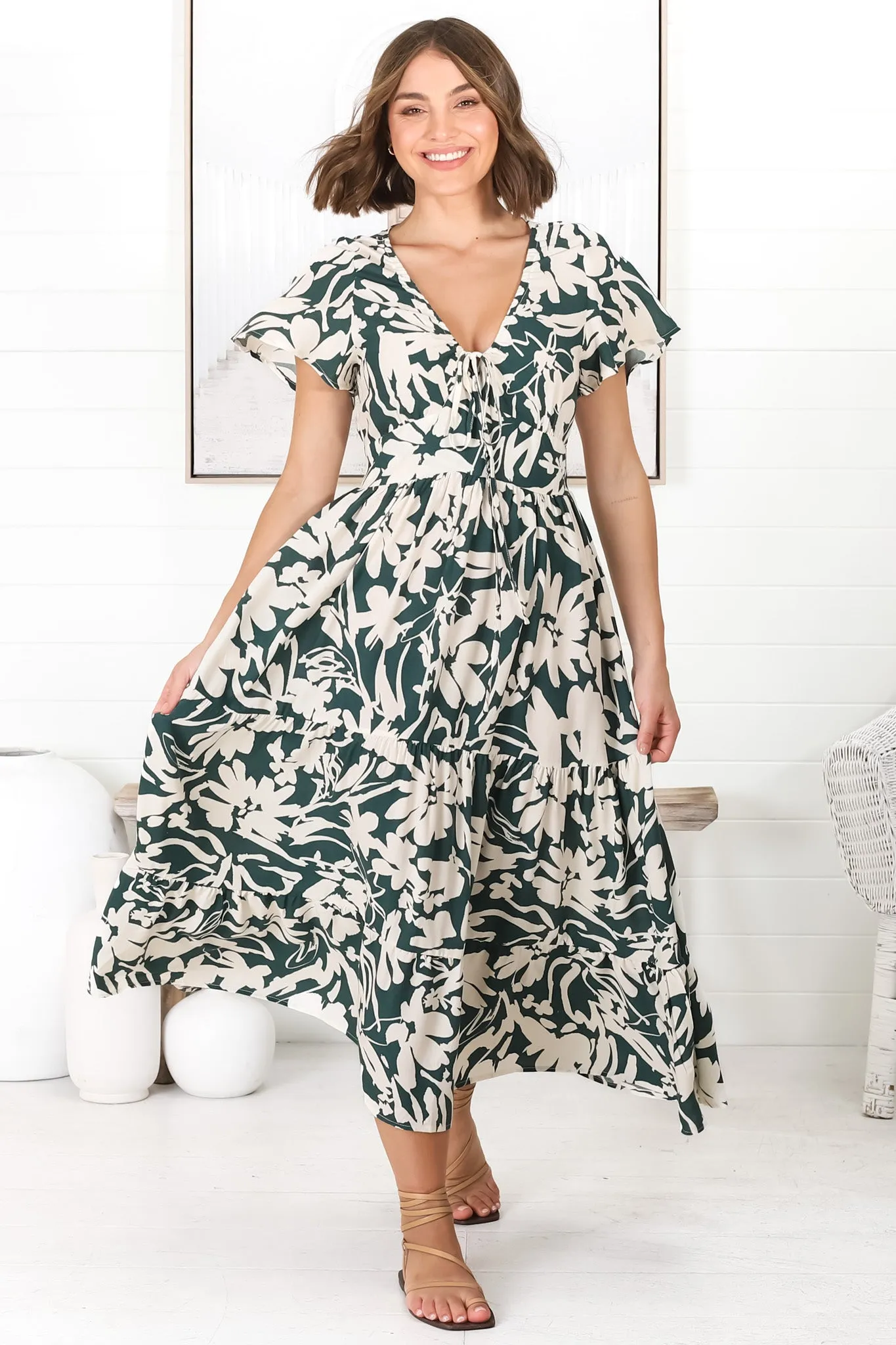 Tea Midi Dress - Pull In V Neckline Dress with Cap Sleeves in Charis Print Emerald sold by Salty Crush product image thumbnail 3