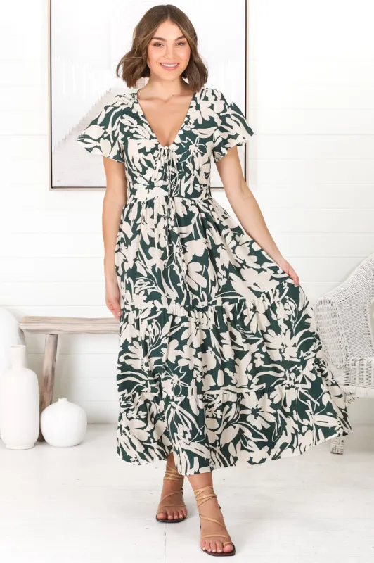 Tea Midi Dress - Pull In V Neckline Dress with Cap Sleeves in Charis Print Emerald sold by Salty Crush