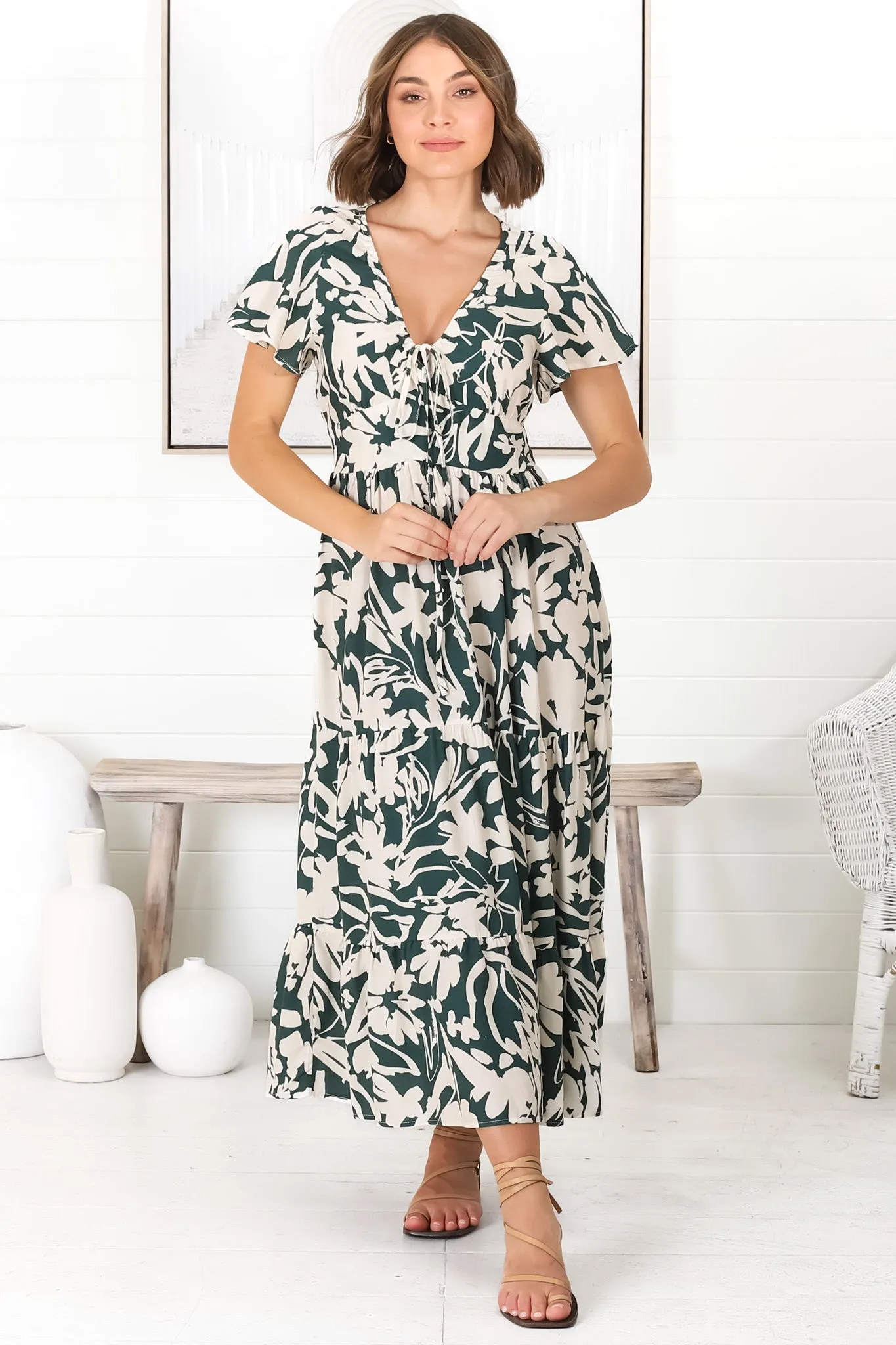 Tea Midi Dress - Pull In V Neckline Dress with Cap Sleeves in Charis Print Emerald sold by Salty Crush product image thumbnail 4