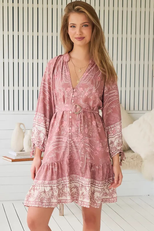 Inka Mini Dress - Mandarin Collar Button Down Dress with Belt in Angelina Print sold by Salty Crush