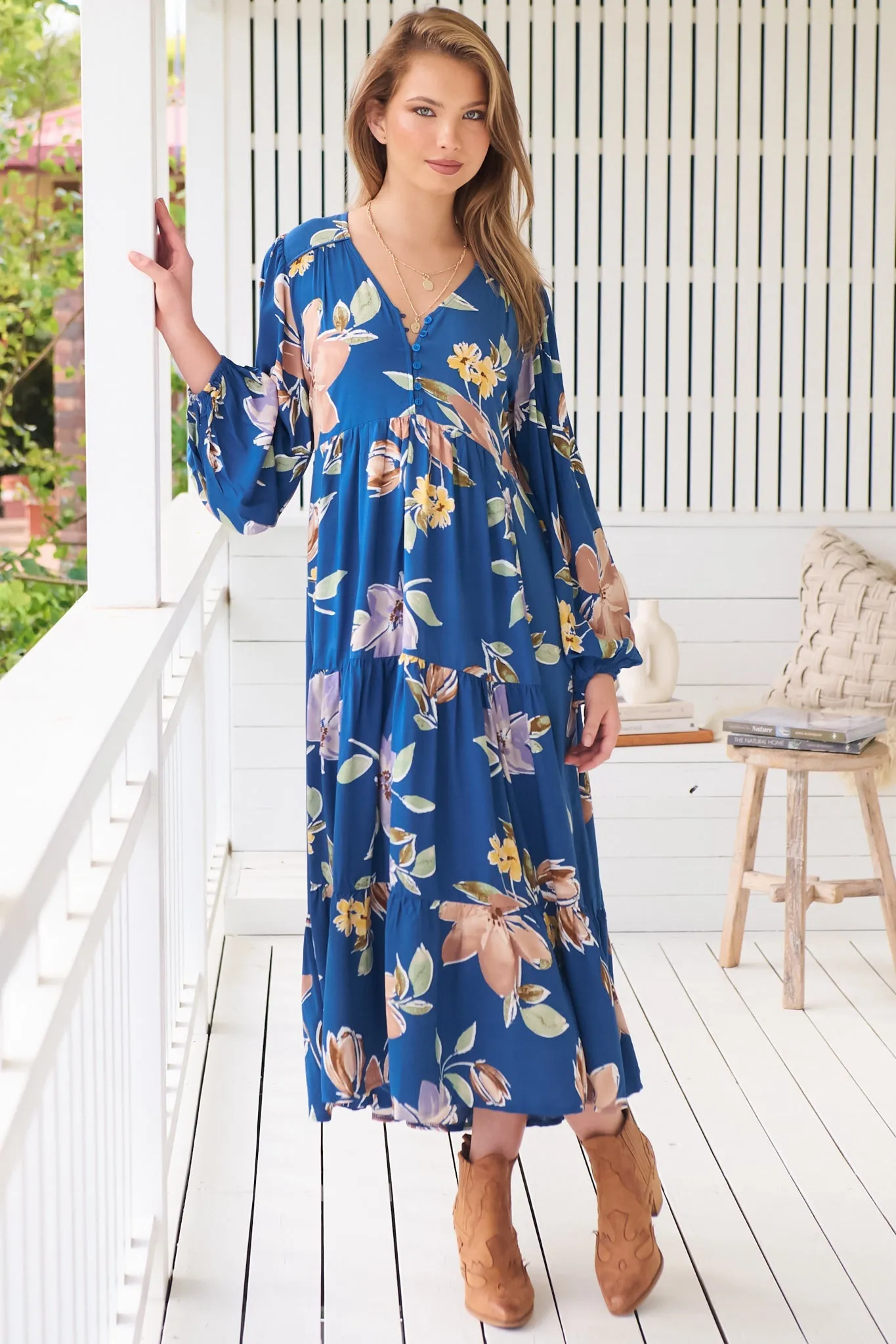 Eve Midi Dress - V Neck Long Sleeve Tiered Dress with Option Waist Tie in Georgia Blue Print sold by Salty Crush product image thumbnail 3