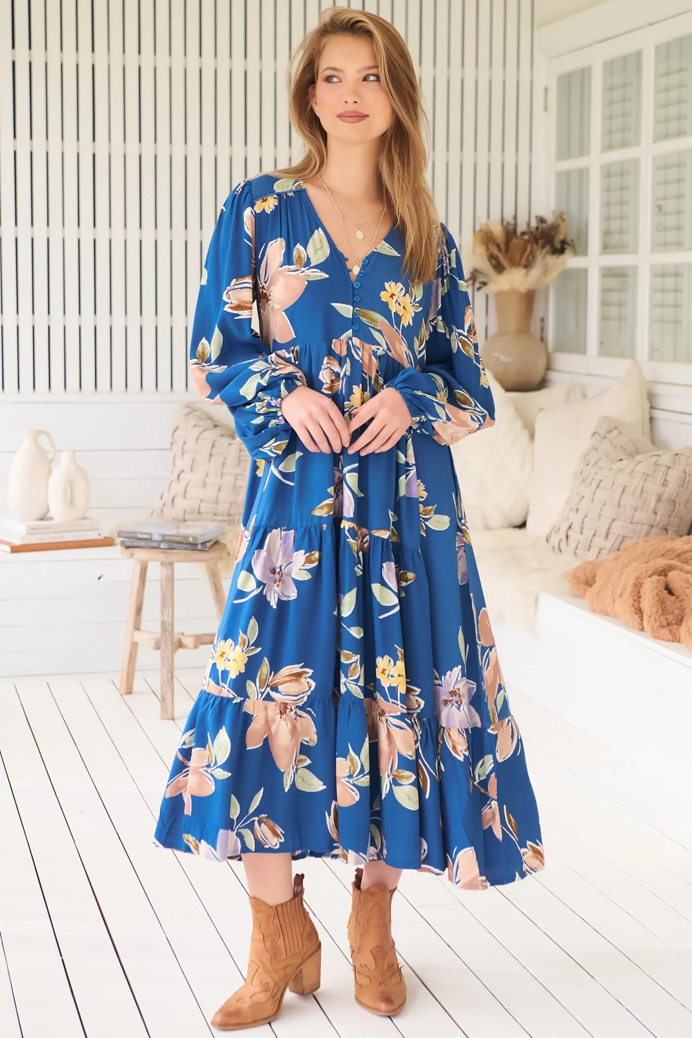 Eve Midi Dress - V Neck Long Sleeve Tiered Dress with Option Waist Tie in Georgia Blue Print sold by Salty Crush product image thumbnail 5