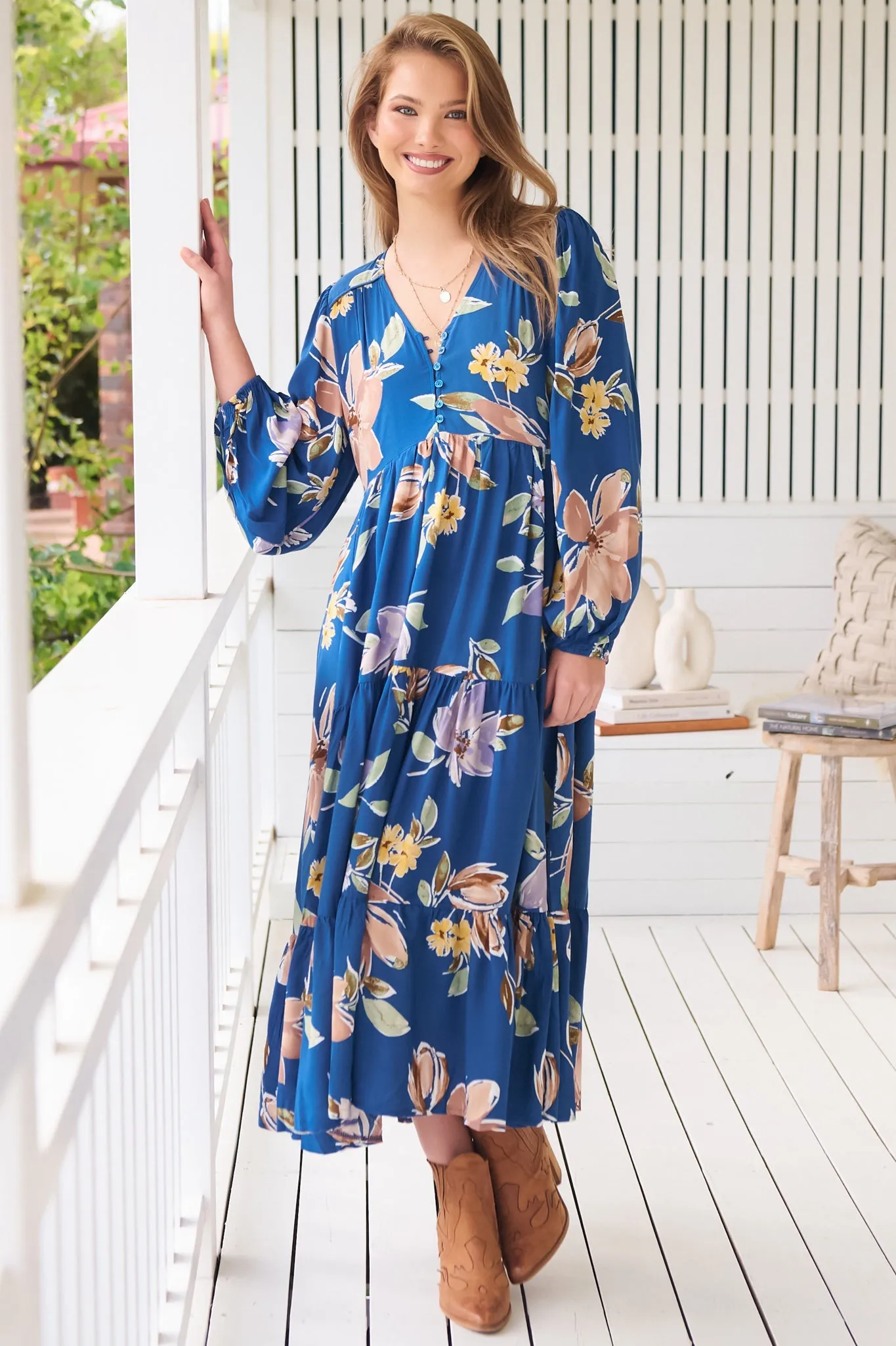 Eve Midi Dress - V Neck Long Sleeve Tiered Dress with Option Waist Tie in Georgia Blue Print sold by Salty Crush