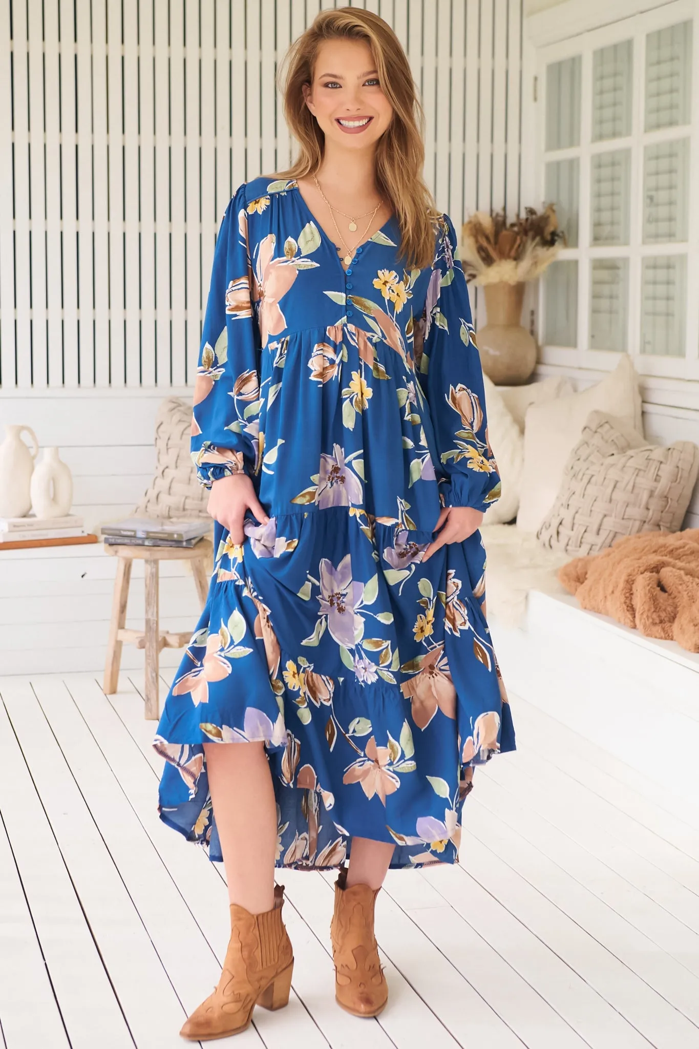 Eve Midi Dress - V Neck Long Sleeve Tiered Dress with Option Waist Tie in Georgia Blue Print sold by Salty Crush product image thumbnail 2