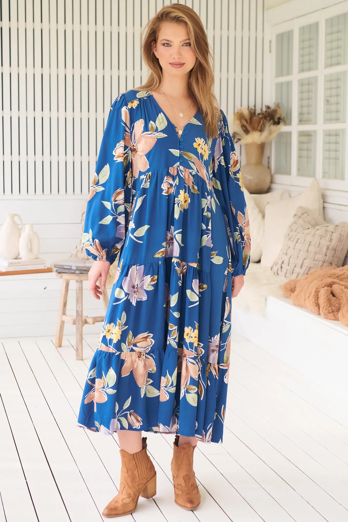 Eve Midi Dress - V Neck Long Sleeve Tiered Dress with Option Waist Tie in Georgia Blue Print sold by Salty Crush product image thumbnail 4