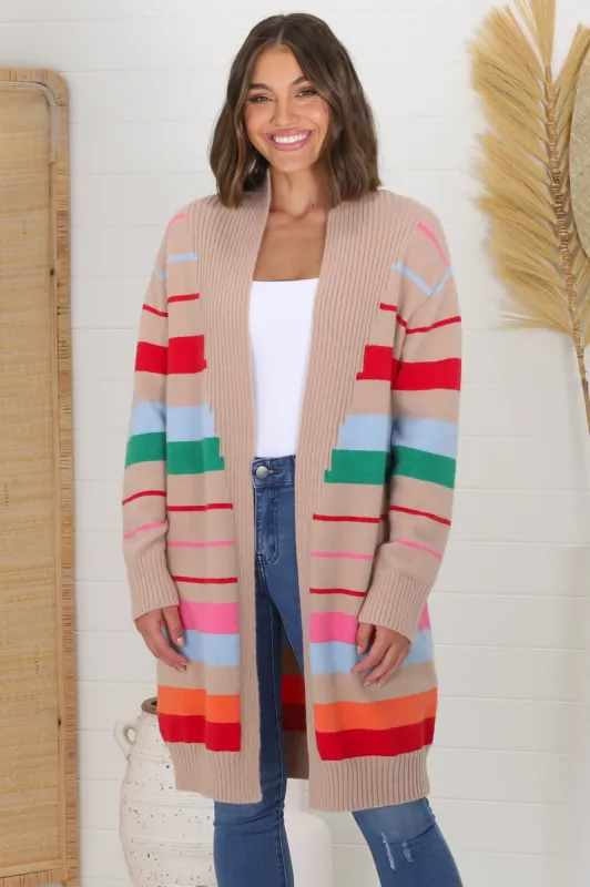 Kodie Cardigan - Open Front Bold Rainbow Stripe Cardigan in Camel sold by Salty Crush