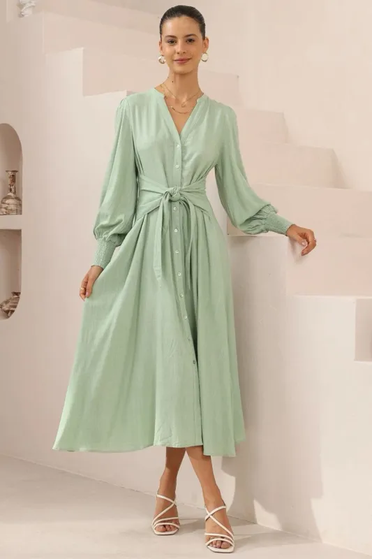 Anne Midi Dress - Mandarin Collar Waist Tie Detailed A Line Dress in Mint sold by Salty Crush