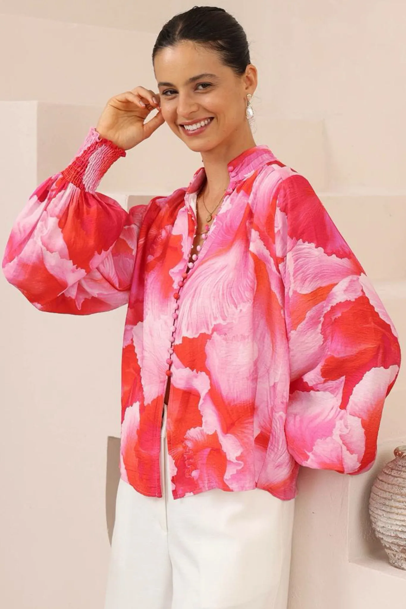 Faye Blouse - Mandarin Collar Balloon Sleeve Button Down Shirt in Greta Print sold by Salty Crush product image thumbnail 3